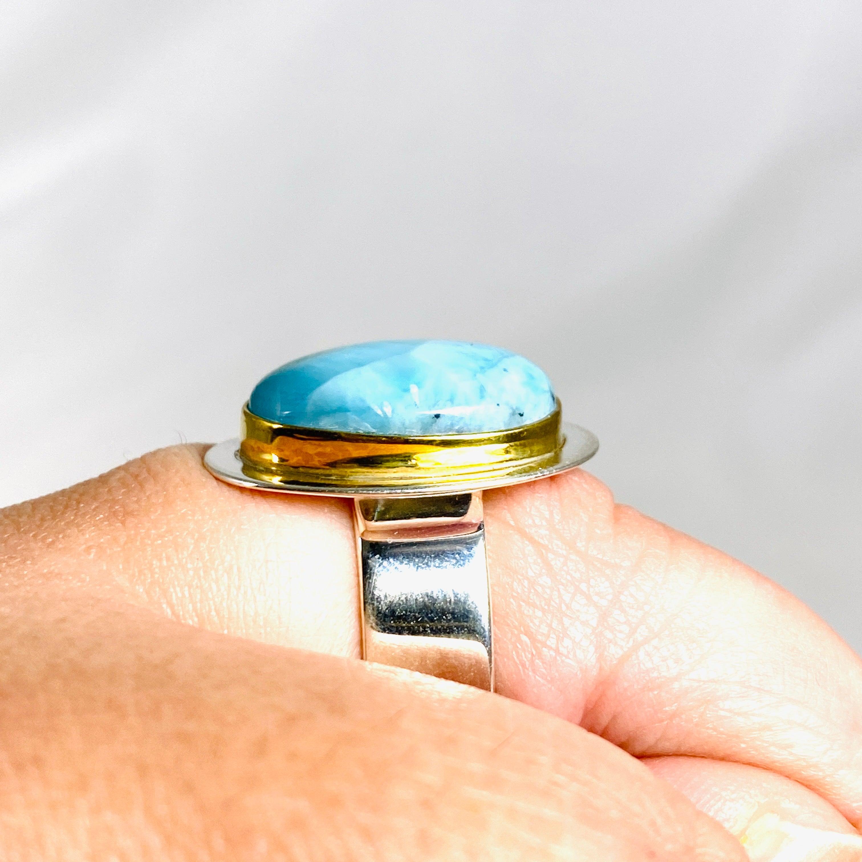 Larimar Oval Ring with Brass Detailing - Size 10 - KRGJ3104 - Perfect for Boho Jewelry Lovers & Beach Wedding Accessories