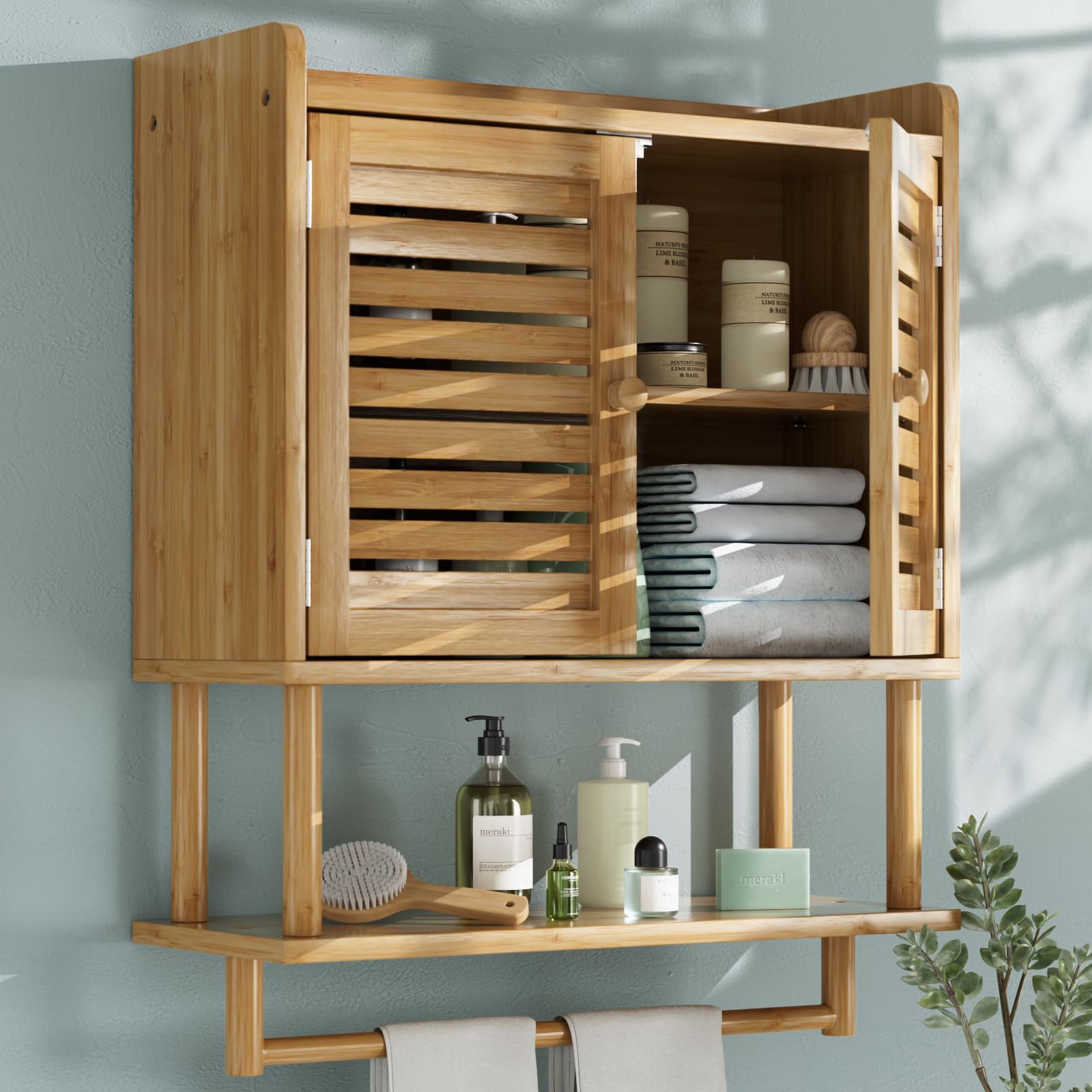 AmazerBath Large Bamboo Medicine Cabinet for Bathroom - Over Toilet Storage Organizer with Adjustable Shelves & Towel Bar - Space-Saving Wall Cabinet (8.3x21.3x26.6 Inches) - Perfect for Small Bathrooms, Apartments & Powder Rooms