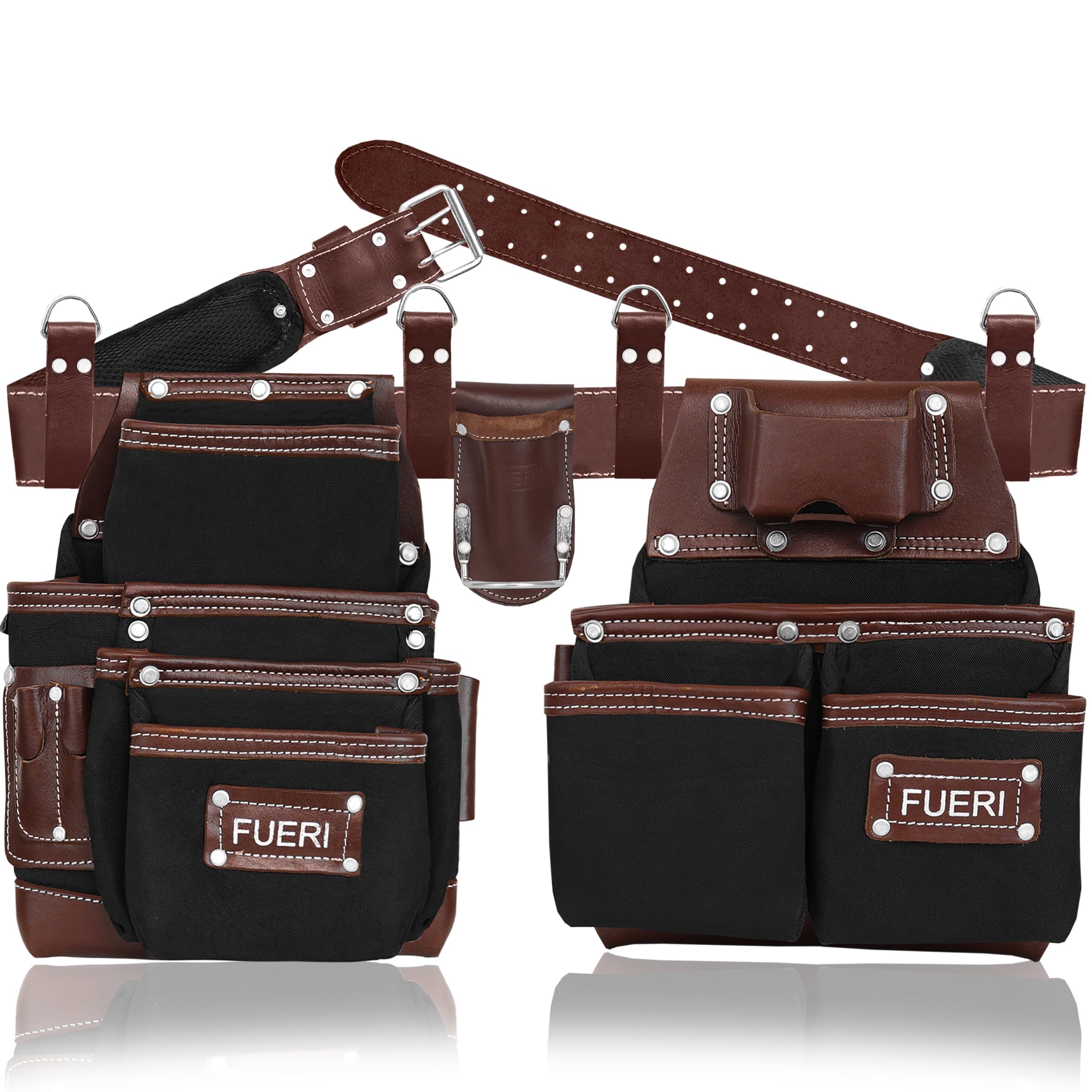 FUERI Heavy Duty Nylon & Leather Tool Belt for Men - Carpenter, Electrician, Construction Work Belt with Multiple Pouches & Organizer (Black/Brown) - Perfect for Framing, Renovation & DIY Projects