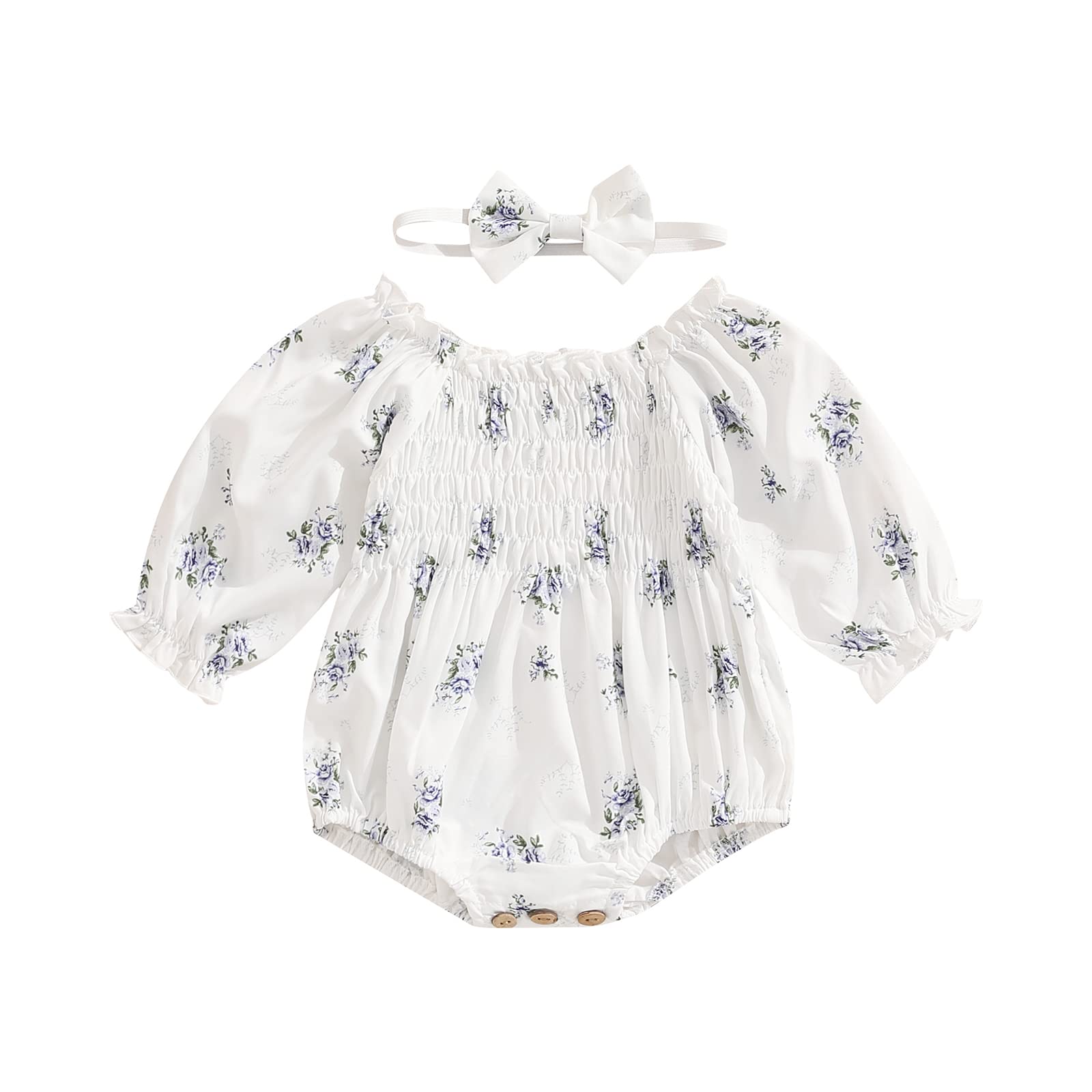 Newborn Baby Girl Clothes - Long Sleeve Off Shoulder Floral Romper Bodysuit with Headband | Soft Cotton Infant Outfit for Fall & Winter | Perfect for Photo Shoots, Parties & Daily Wear