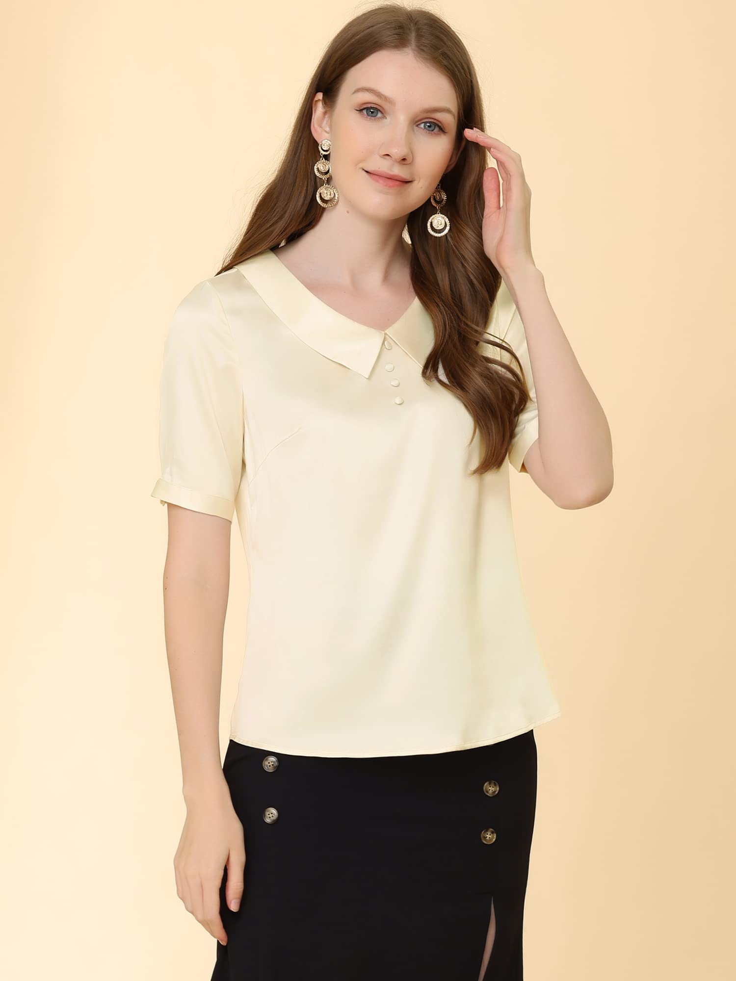 Allegra K Women's Satin Office Blouse 2024 - Turndown Collar Button Decor Short Sleeve Work Tops for Business Casual & Professional Wear