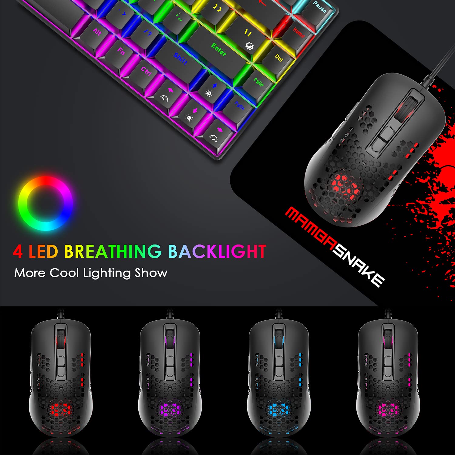 KUIYN 60% Wired Compact Gaming Keyboard & Honeycomb Optical Mouse Combo - 61 Keys RGB Backlit, Anti-Ghosting, Includes Mouse Pad - Perfect for PC Gamers, Esports & Streaming Setups