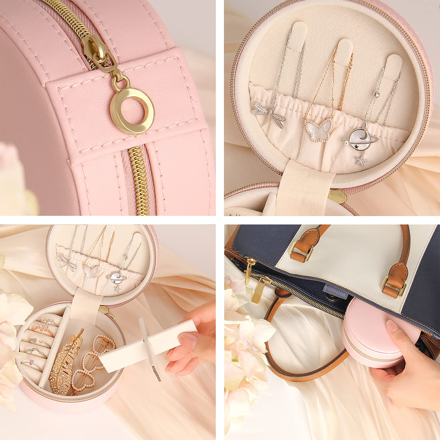 Portable PU Leather Travel Jewelry Box Organizer with Zipper - Small Jewelry Storage Case Holder for Necklaces, Rings & Earrings (Pink) | Perfect for Vacation, Business Trips & Daily Use