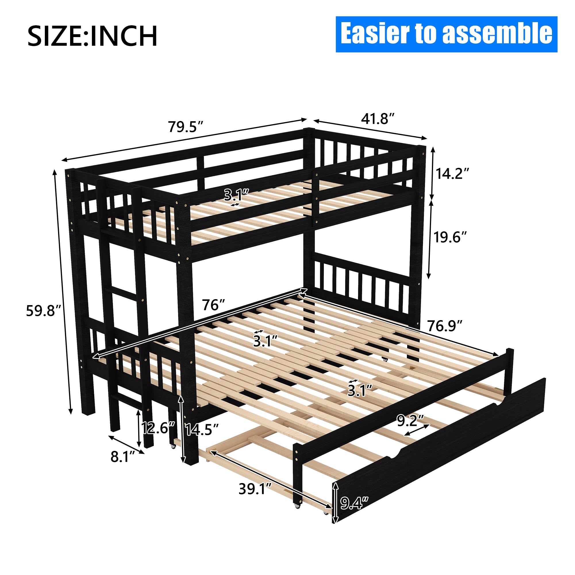 Jresboen Upgraded Solid Pine Wood Twin Over Twin Bunk Bed with Pull-Out Trundle - Converts to Twin Over 2 Twin Bunk Beds - Sturdy Design for Kids, Teens & Adults (Espresso) - Perfect for Small Bedrooms, Guest Rooms & Vacation Homes