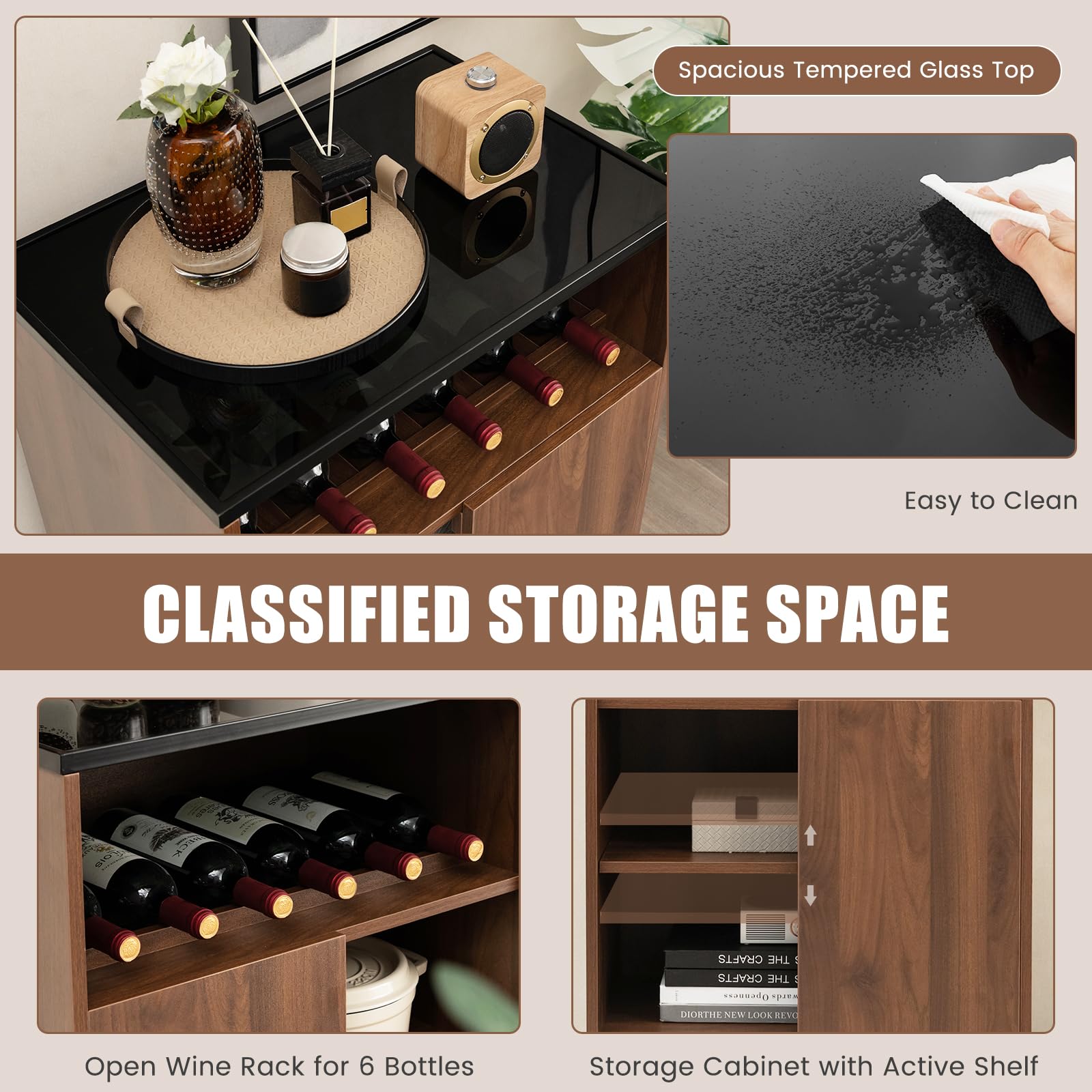 Giantex Wine Bar Cabinet with Tempered Glass Top - Freestanding Sideboard Buffet with Adjustable Feet, Shelf & Sliding Door - Perfect for Living Room, Dining Room, Kitchen & Home Bar Storage