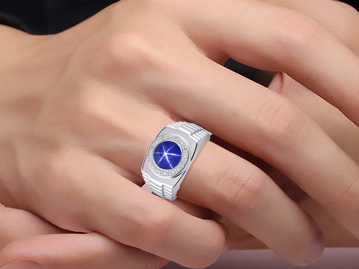 Rylos Men's Sterling Silver Rings with Round Cabochon Gemstone & Diamonds - Size 8-13, Designer Wedding Band, Anniversary & Fashion Jewelry for Men - Perfect for Gifts, Date Nights & Special Occasions