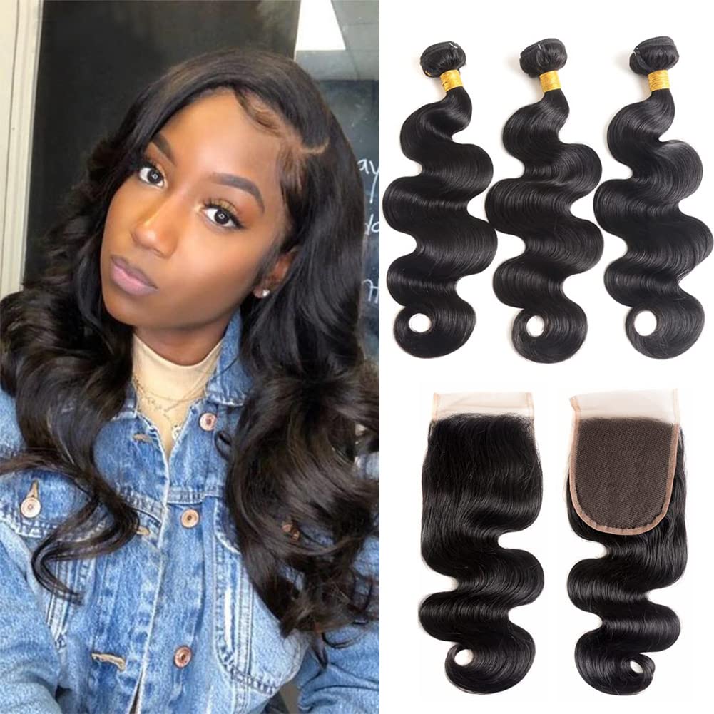 Brazilian Body Wave Human Hair Bundles with 4x4 Lace Closure - 3 Bundles (14 16 18+12 Inches) 100% Unprocessed Virgin Hair for Natural Look - Perfect for Sew-in Weaves, Wig Making & Everyday Styling