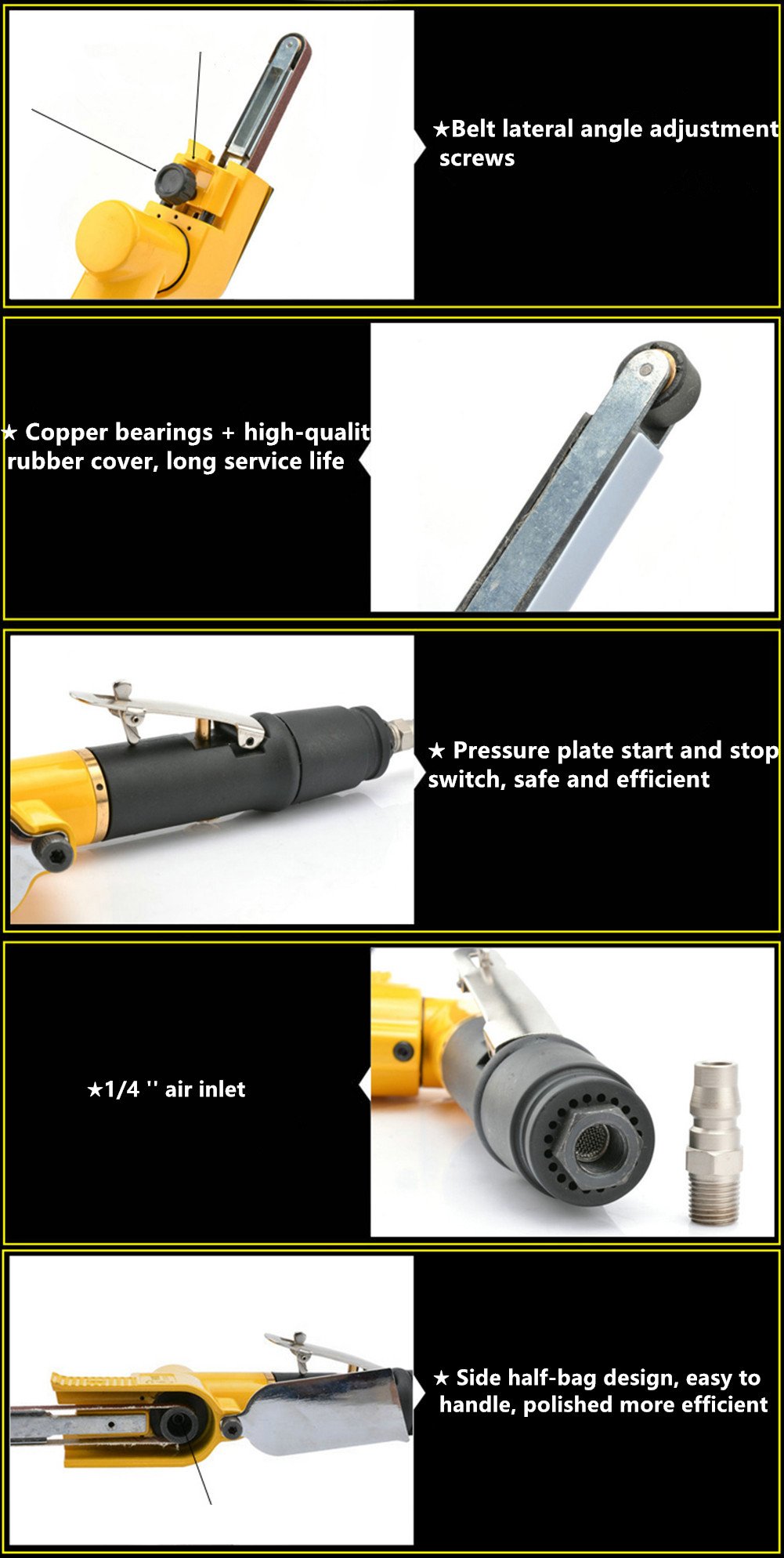 3/8 Inch Air Belt Sander - Pneumatic Mini Belt Grinder with Sanding Belts for Woodworking, Metal Polishing & DIY Projects
