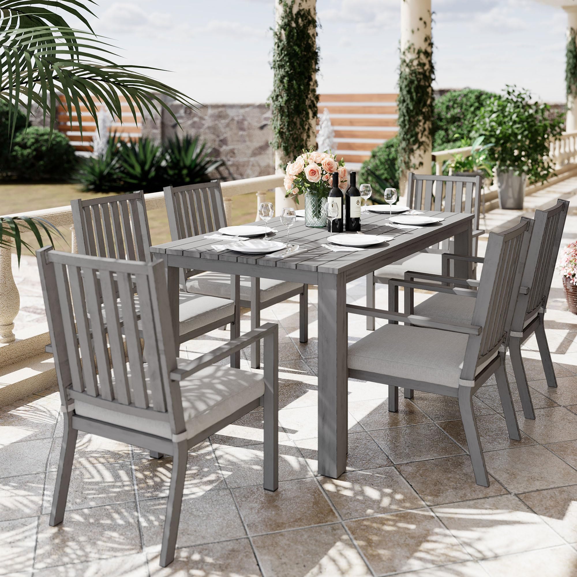 RoyalCraft 7-Piece Aluminum Outdoor Dining Set with Removable Cushions - Patio Table & 6 Chairs for Garden, Backyard, Lawn - Perfect for BBQs, Family Gatherings & Outdoor Entertaining (Gray)