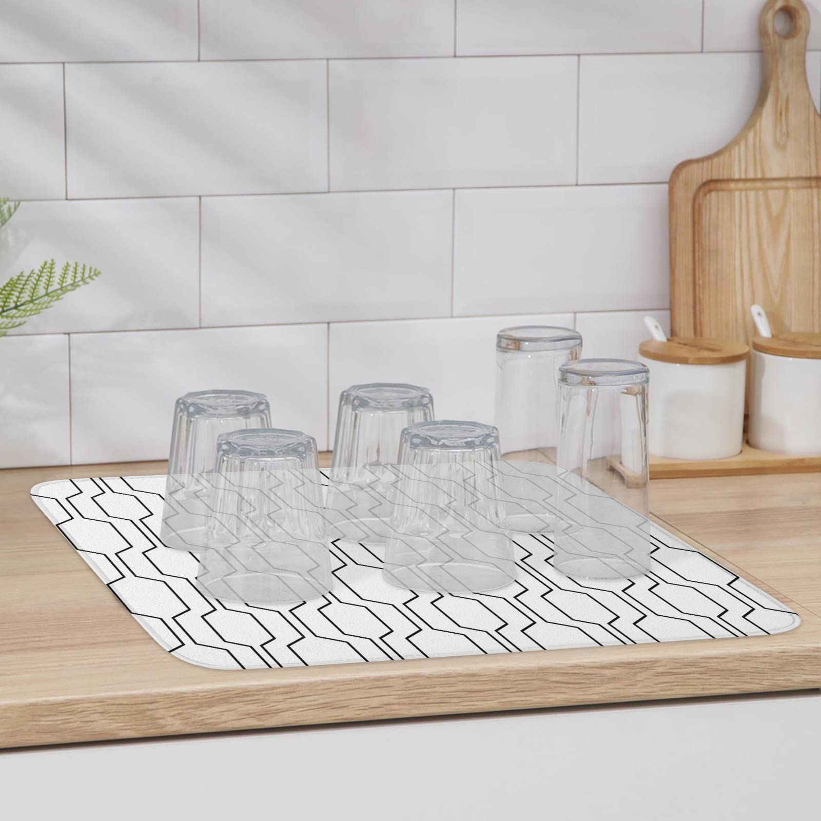 Mid Century Modern Dish Drying Mat - Absorbent Microfiber Kitchen Counter Mat (18x24in) | Quick-Drying, Machine Washable Dish Drainer Rack in Black & White | Perfect for Countertop Protection & Drying Dishes, Utensils & Cookware