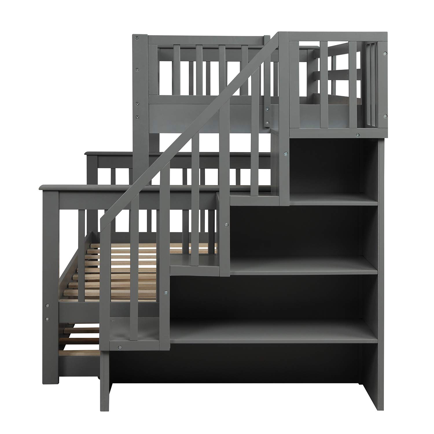 Solid Wood Twin-Over-Full Bunk Bed with Trundle, Storage & Safety Rail - Space-Saving Kids Bedroom & Dorm Furniture for Siblings or Sleepovers (Gray)