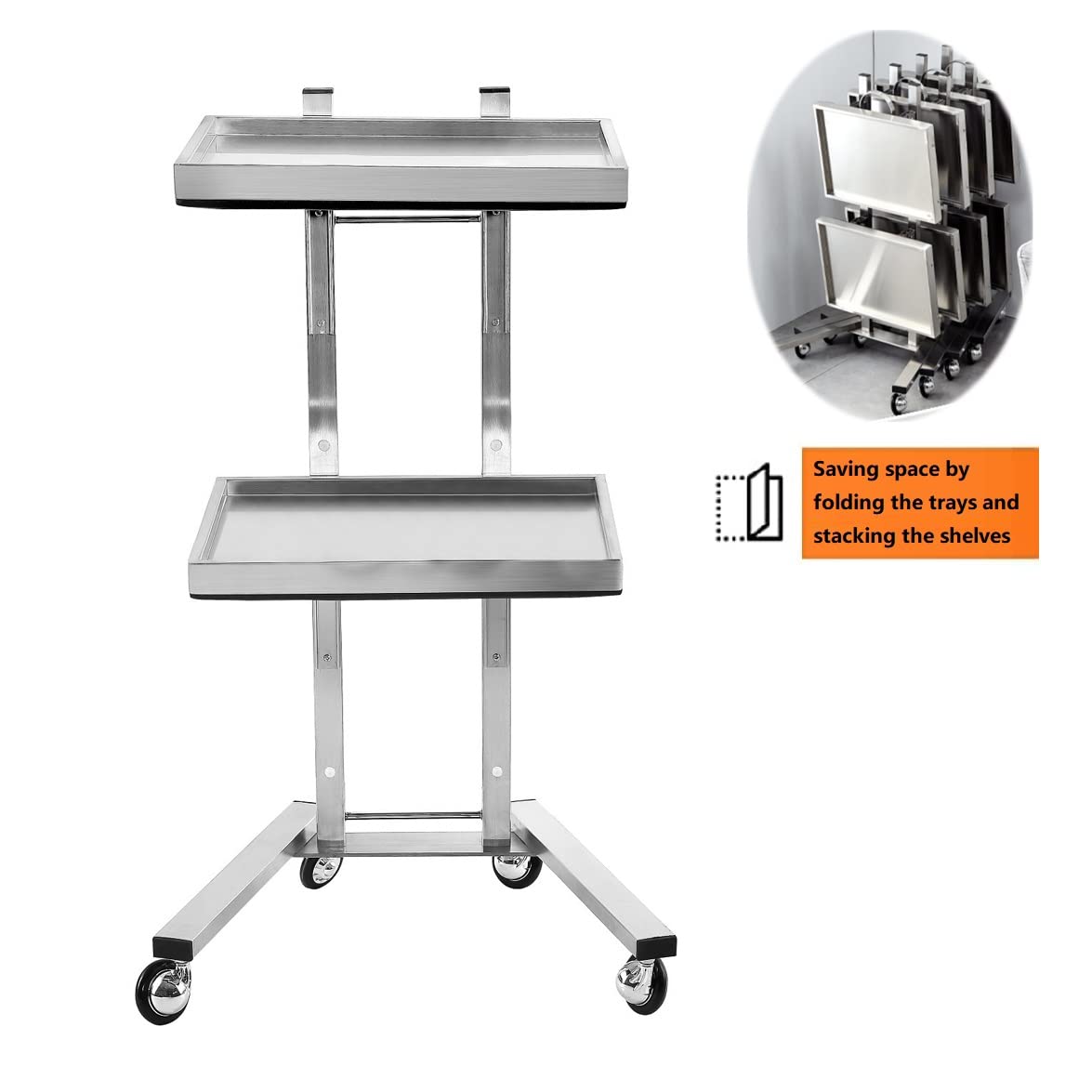 Kaleurrier Rolling Tool Cart with Double Storage Tray - Stainless Steel Utility Trolley with Wheels for Salon, Tattoo, Spa, Clinic & Home Use | Portable Beauty & Medical Instrument Stand (Silver) | Perfect for Organizing Tools in Professional Studios or Home Workspaces