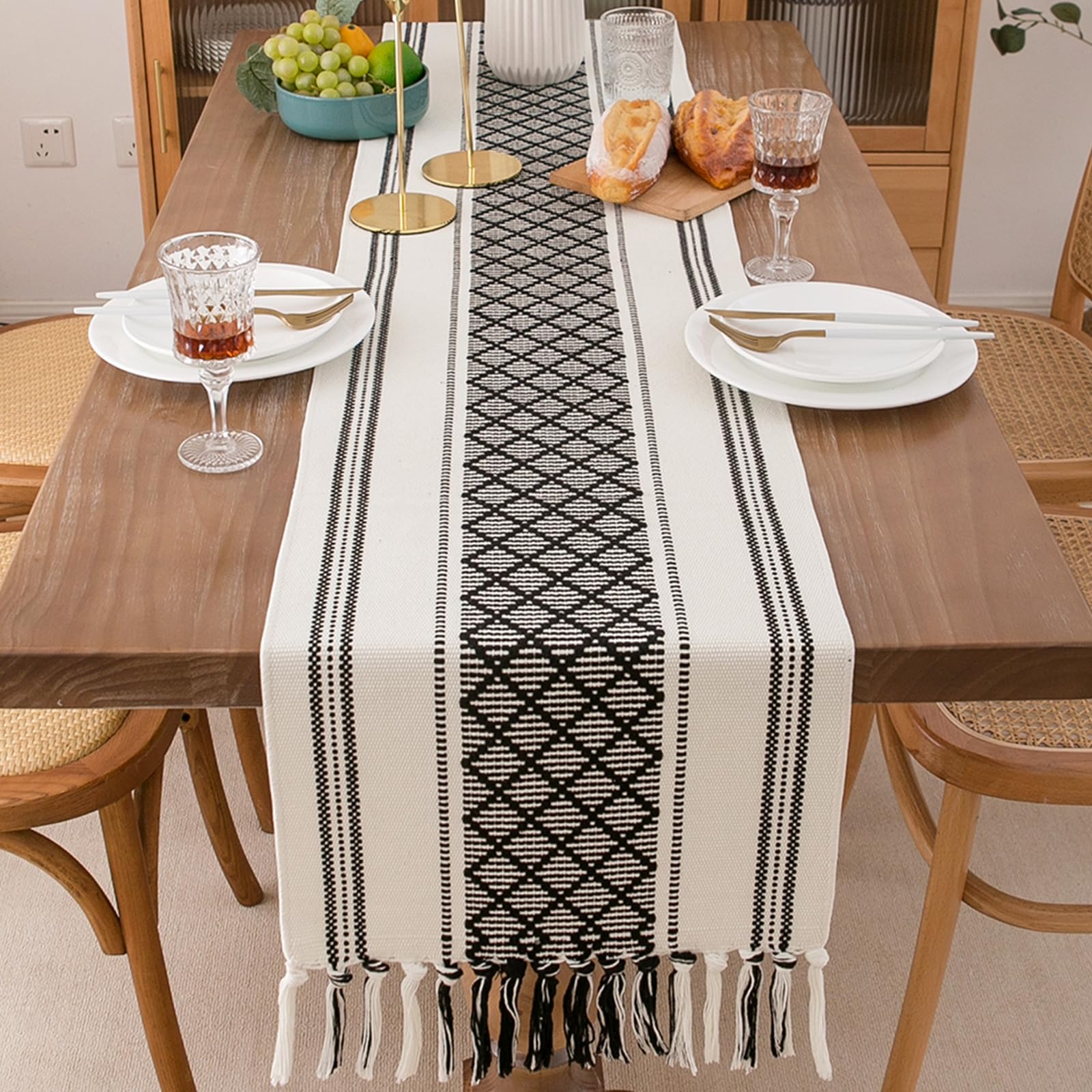 Boho Table Runner 14 x 72 Inches - Farmhouse Style Woven Table Runner with Black & White Hand-Tassels for Wedding, Party, Dining Room & Dresser Decor - Perfect for Rustic, Boho & Farmhouse Home Decor (Black)
