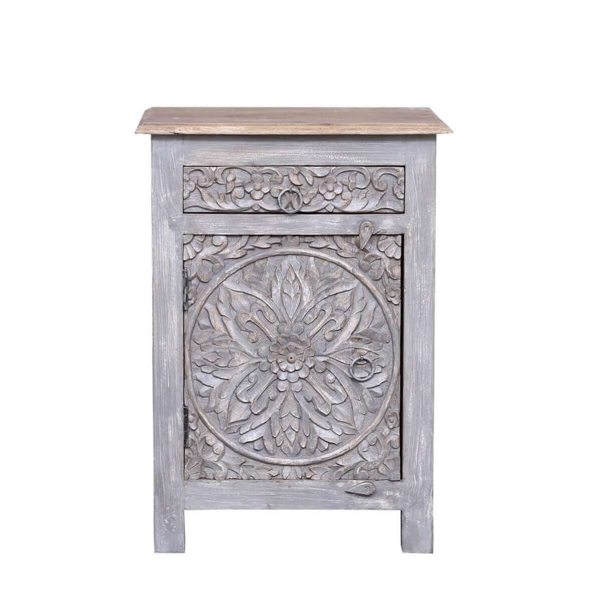 Hand Carved Reclaimed Wood Side Table with Single Drawer - Rustic Indian Design for Living Room, Bedroom & Office Decor