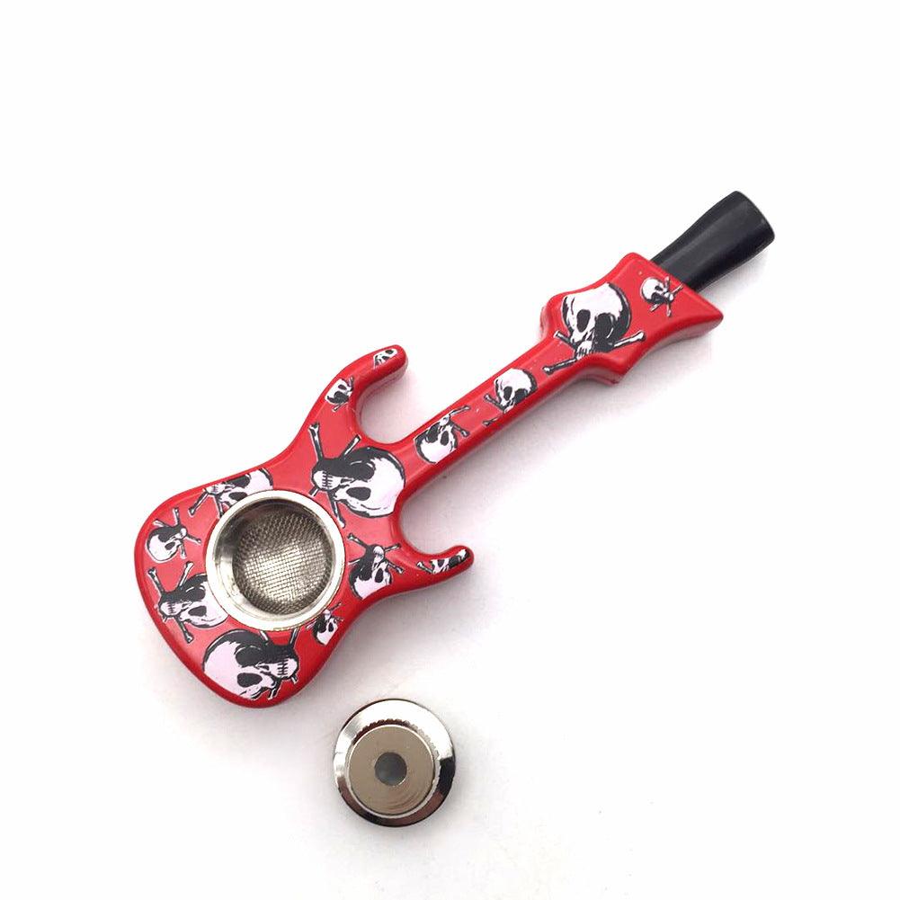 Creative Skull Printed Metal Guitar Pipe - Detachable Portable Smoking Pipe with Cover & Mesh Screen | Perfect for Travel, Camping & Outdoor Use