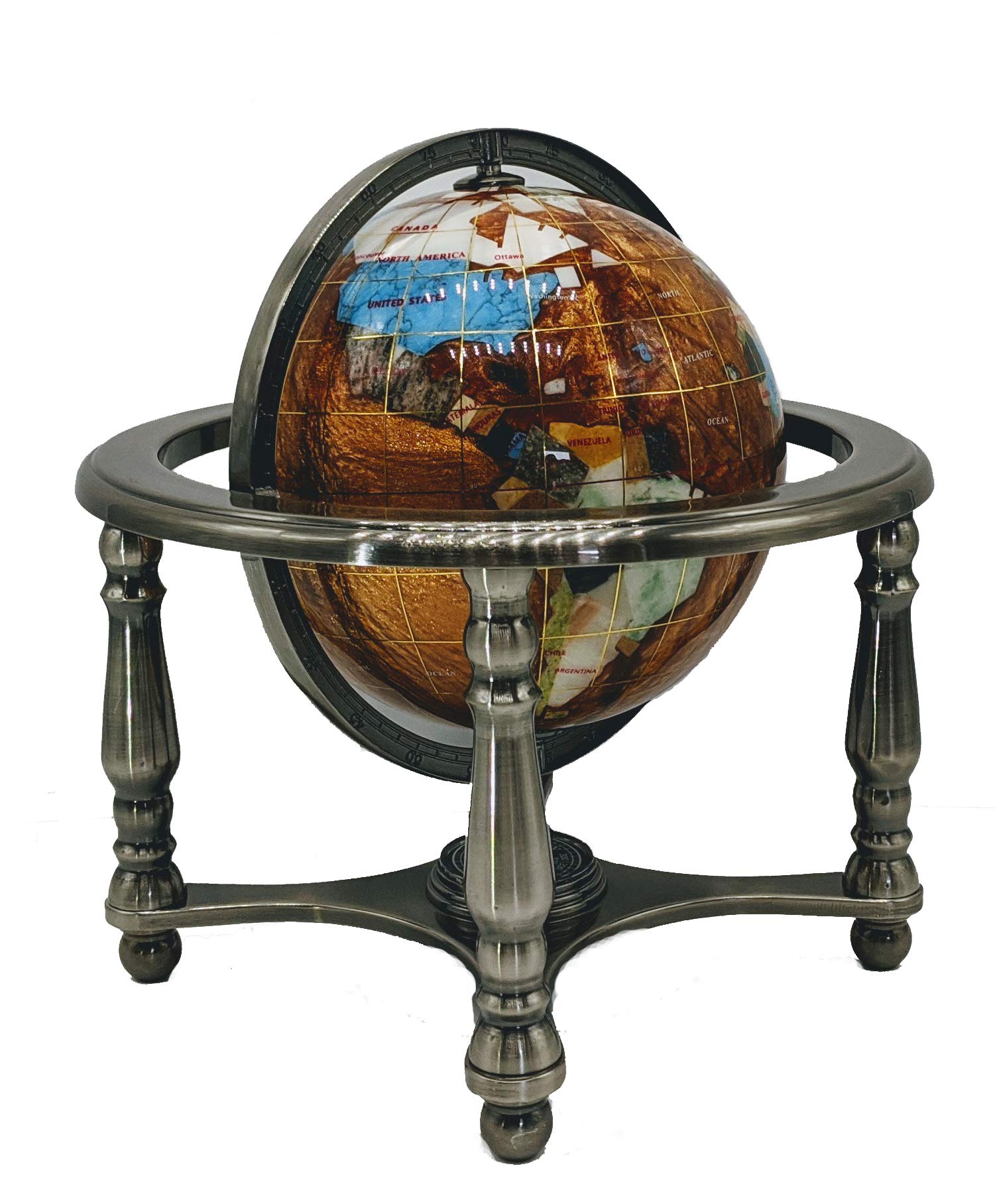 10-Inch Amber Pearl Swirl Ocean Gemstone World Globe with Silver Zinc Alloy Stand - Unique Art Tabletop Decor for Home, Office & Gift Giving