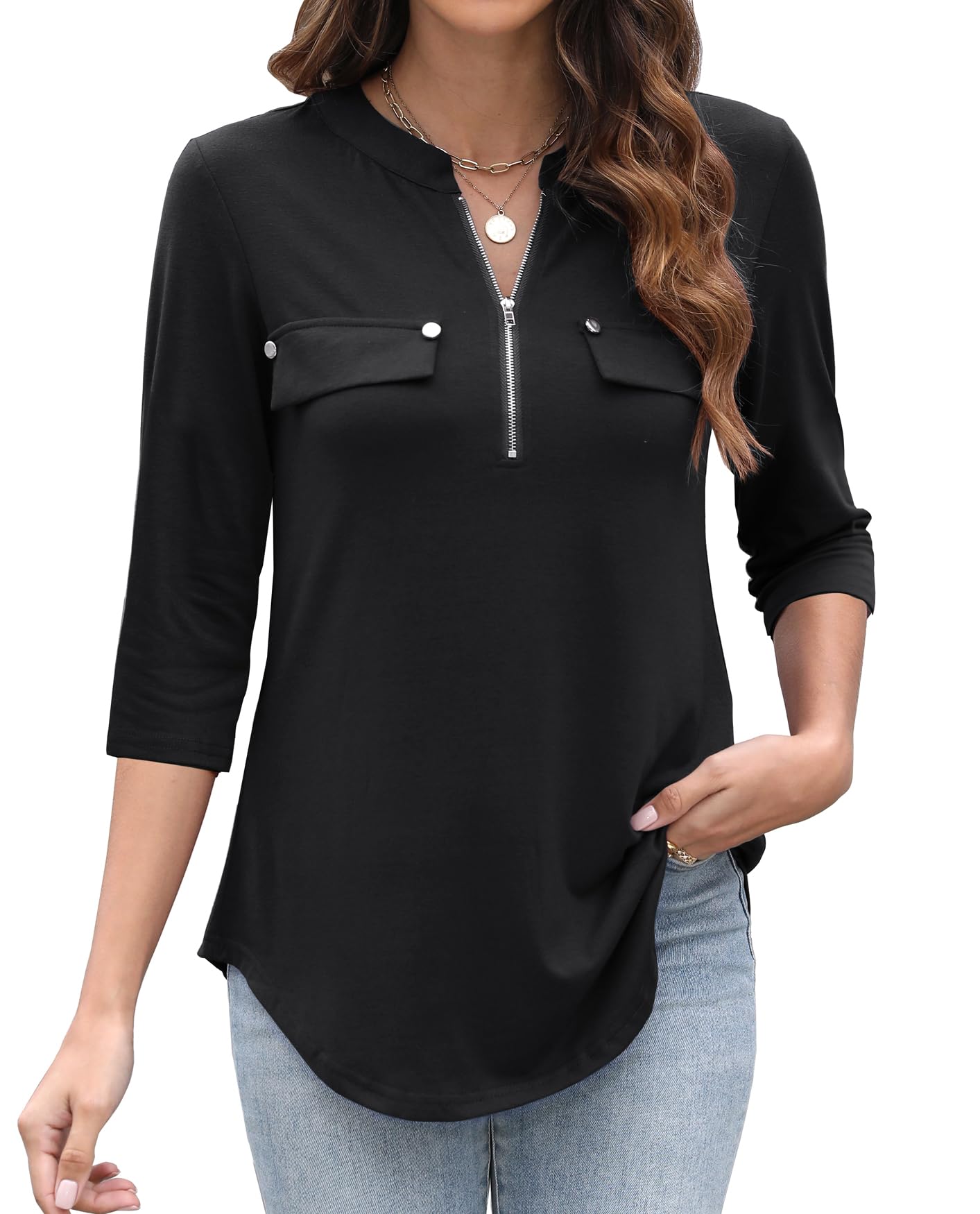 LuckyMore Women's 3/4 Sleeve V-Neck Zip Blouse - Business Casual Work Shirt for Office, Meetings & Professional Outfits