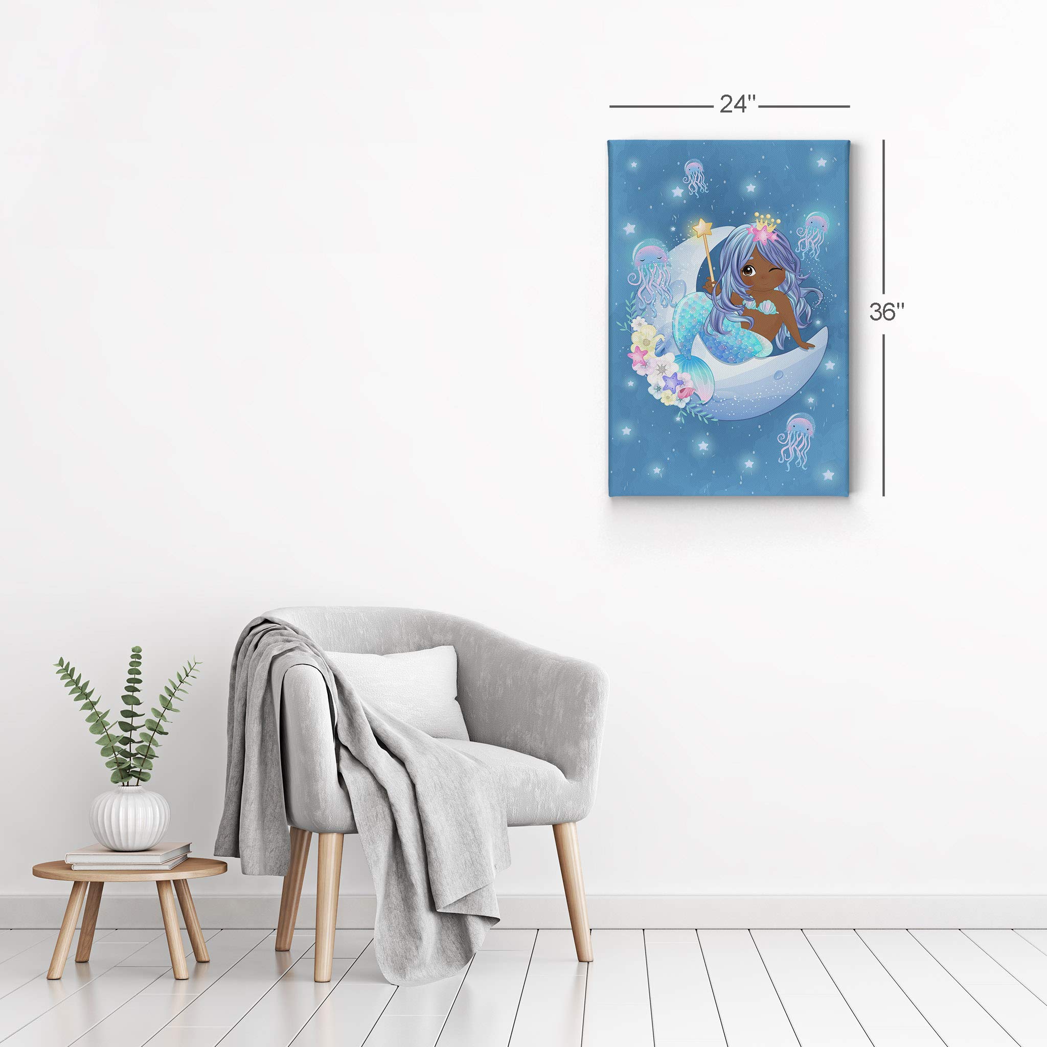 African American Mermaid Girl Sitting on Crescent Moon & Stars Night Canvas Print - Blue Haired Kid Room Nursery Wall Art, Black Baby Decor, Ready to Hang 17x11 - Perfect for Children's Bedroom, Playroom & Nursery Wall Decor