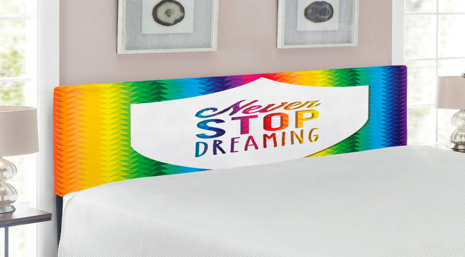 Ambesonne Futuristic Rainbow Triangle Headboard - King Size Upholstered Bed Headboard with Memory Foam, Geometric Motivational Design for Modern Bedrooms | Perfect for Contemporary Home Decor & Guest Room Styling