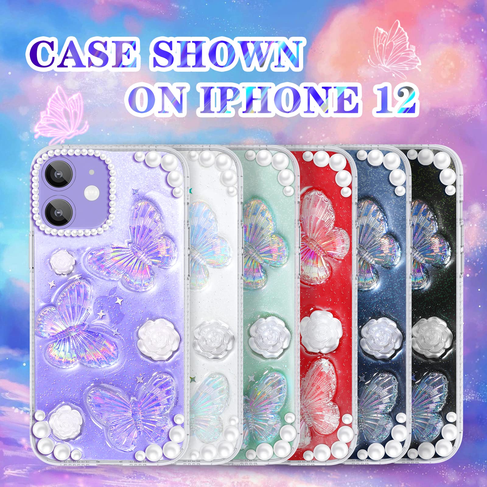 Goocrux 4-in-1 iPhone 12 Case for Women - Glitter Butterfly Sequin Sparkle Clear Phone Cover with Pearl Accents, Detachable Chain, Camera Protector & Screen Protector | Cute Girly Design for Everyday Use & Special Occasions