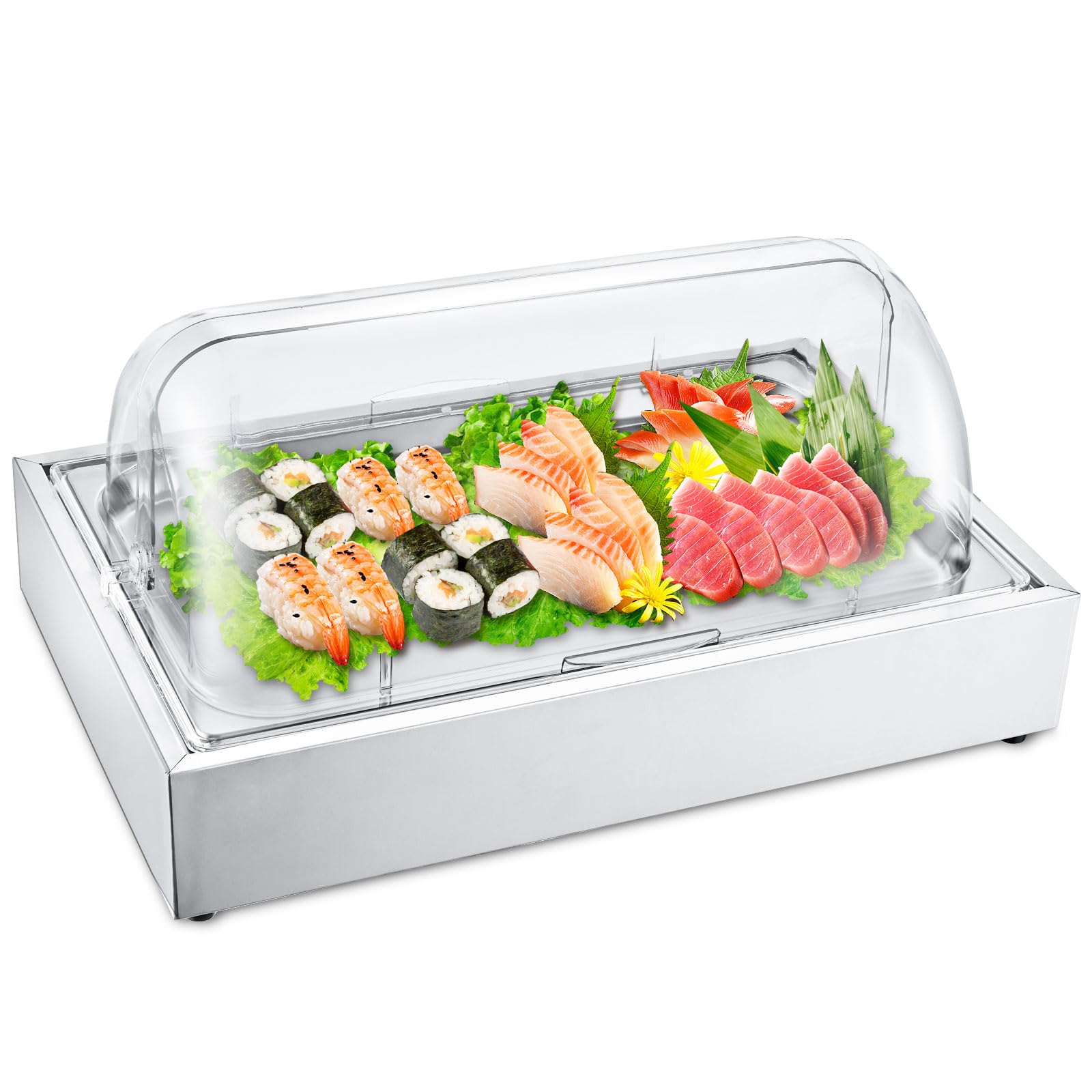 5QT Clear Roll Top Ice Food Serving Display Tray - Cold Serving Cooler Platter for Charcuterie, Desserts & Party Snacks | Perfect for Home Entertaining, Buffets & Outdoor Gatherings