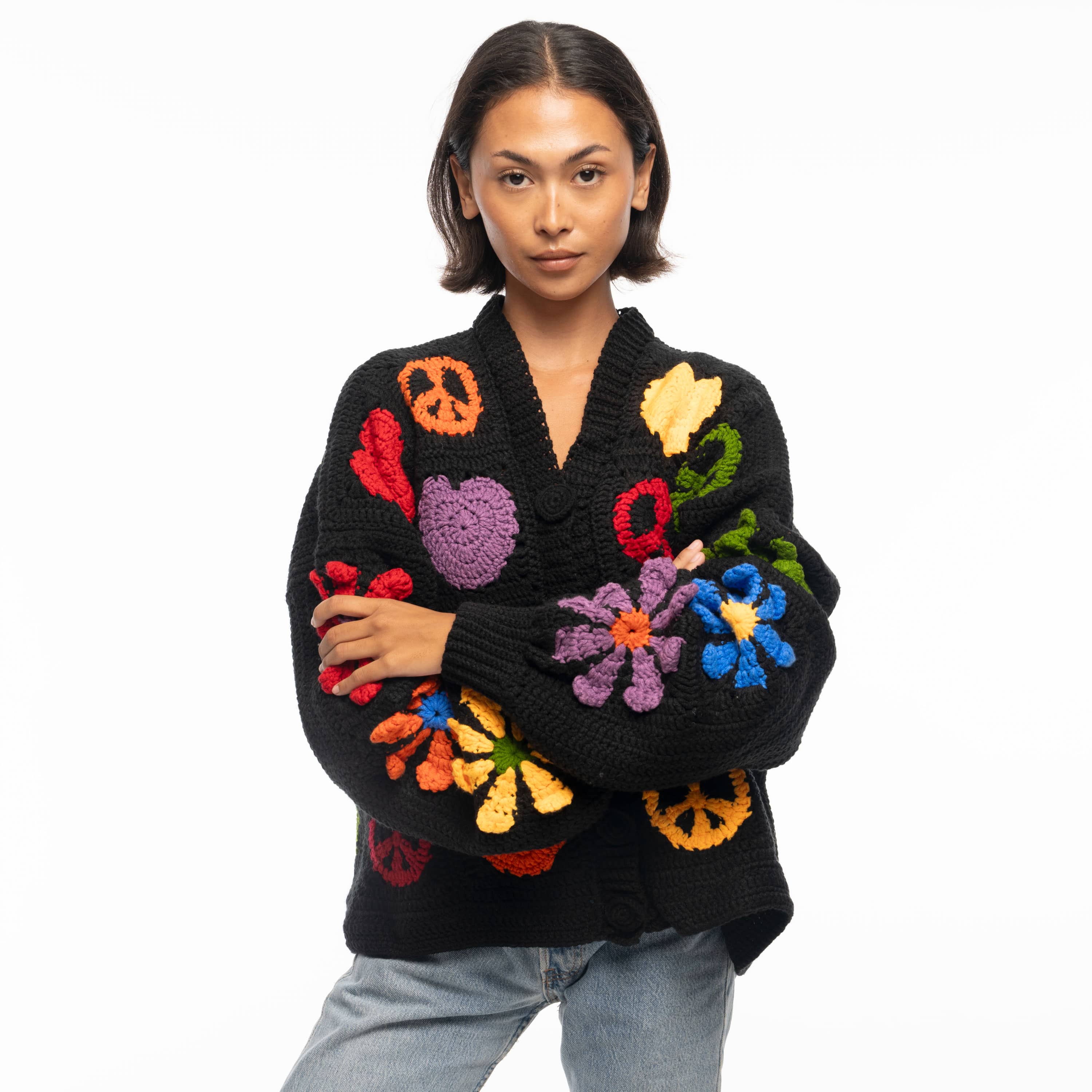 Hand Crochet Oversized Cardigan - Black Peace & Love Design | Cozy Boho Chic Sweater for Women | Perfect for Fall Layering, Casual Outfits & Relaxing at Home