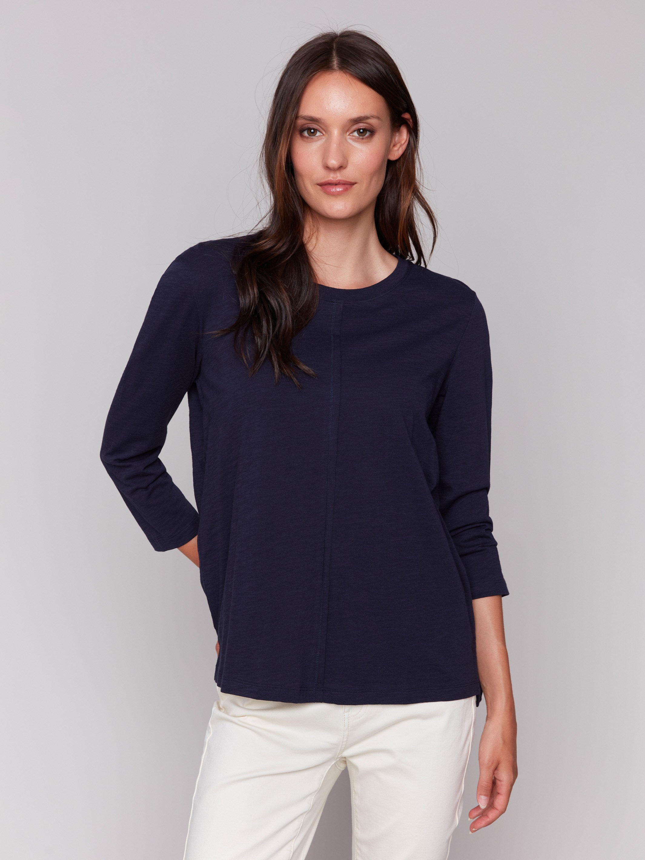 Organic Cotton Slub 3/4 Sleeve T-Shirt for Women - Navy Blue Casual Top - Perfect for Spring & Summer Outfits, Beach Wear and Everyday Comfort