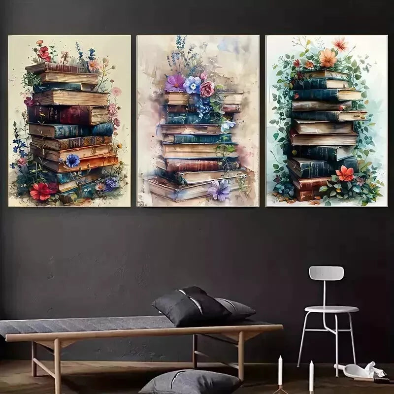3-Piece Retro Abstract Watercolor Floral & Books Wall Art Set - Framed Canvas 50x70cm (20x28in) - High Quality Print, 100% Australian Made, Ready to Hang - Perfect for Living Room, Bedroom & Office Decor