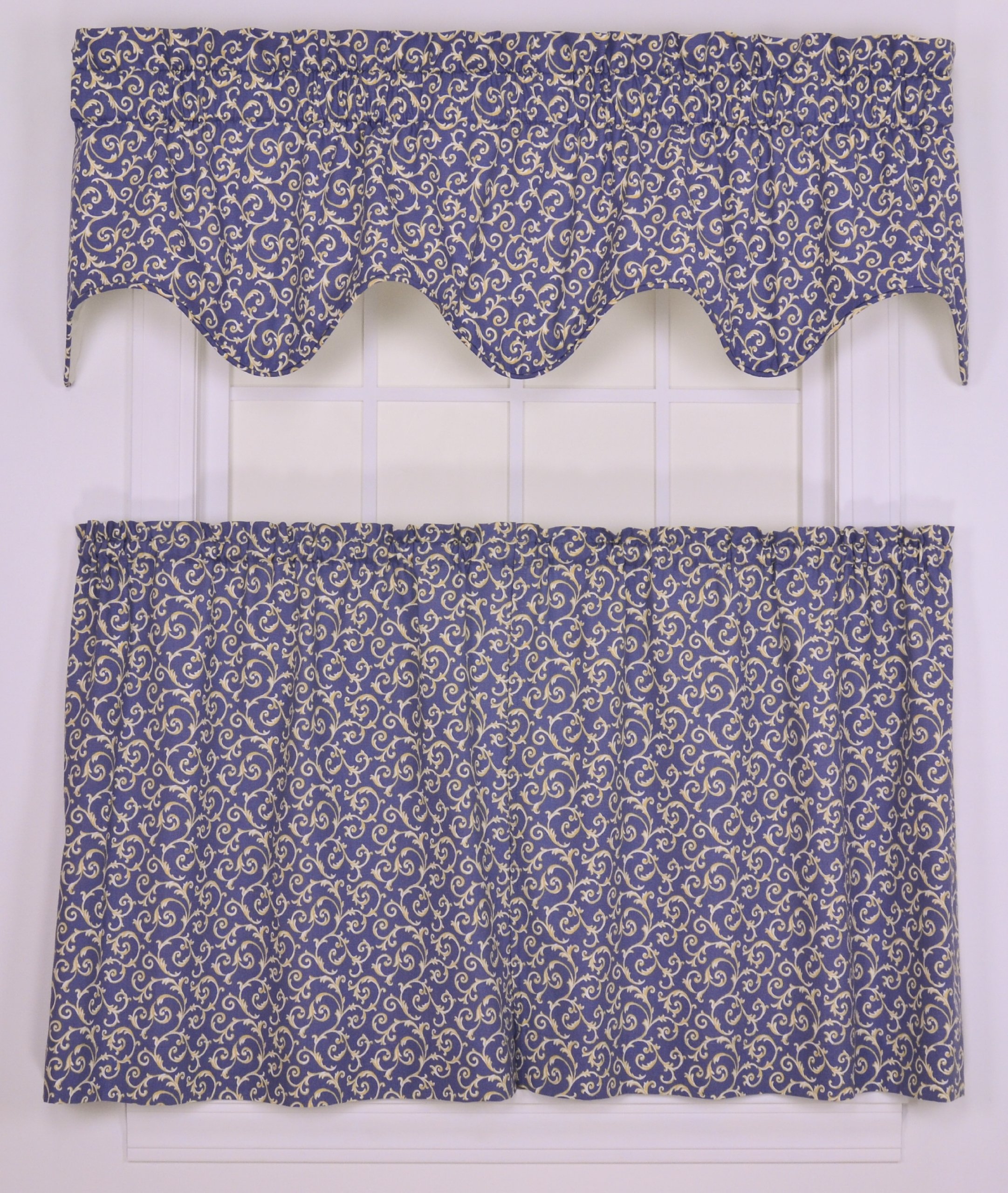 Tremblay Small Scale Scroll Tailored Tier Curtains - 68 x 24 Inches, Blue - Perfect for Kitchen Windows, French Doors & Small Spaces