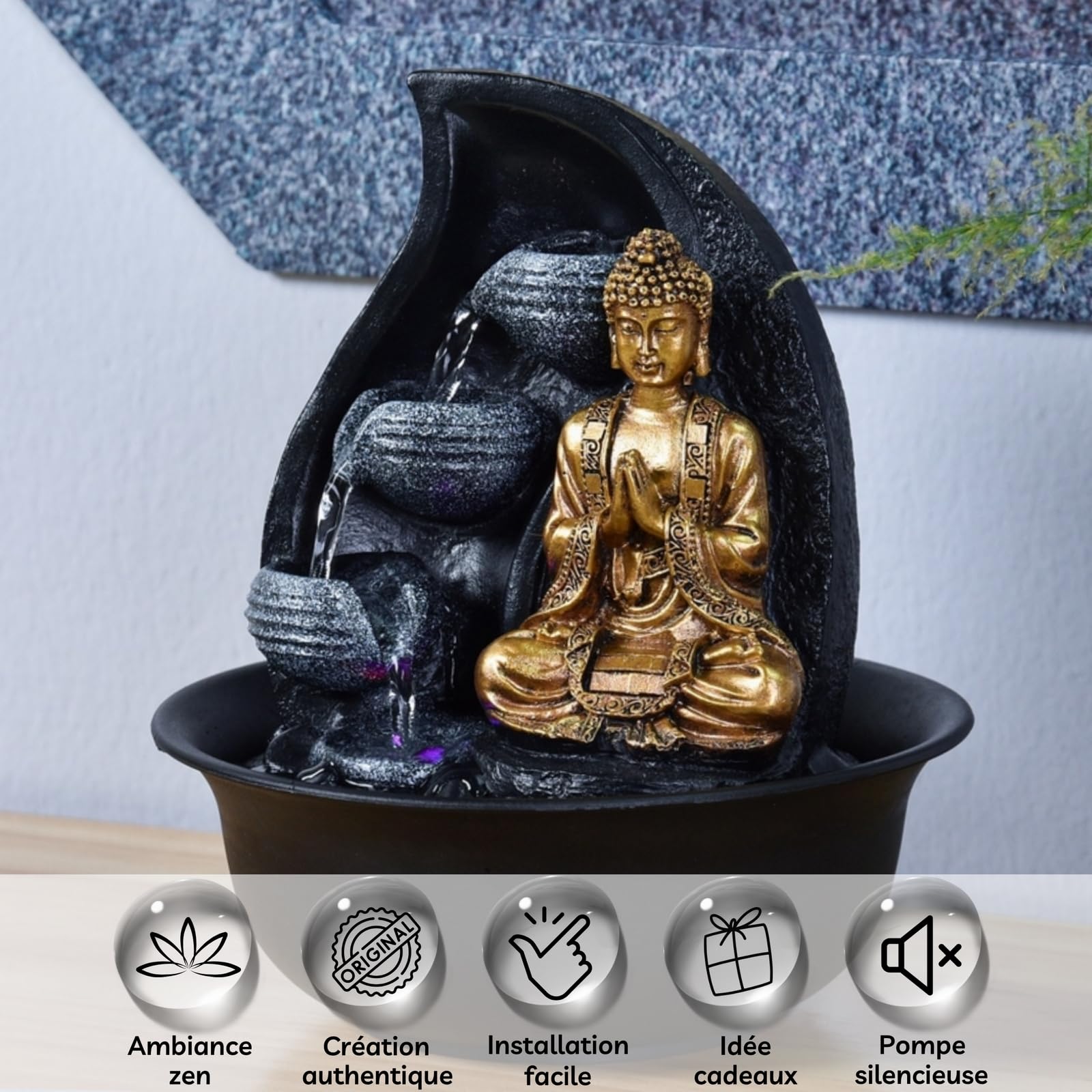 Zen Light Praya - Indoor Water Fountain with LED Lights and Pump, Resin Golden Fountain for Home Decor, Office Relaxation & Meditation Space