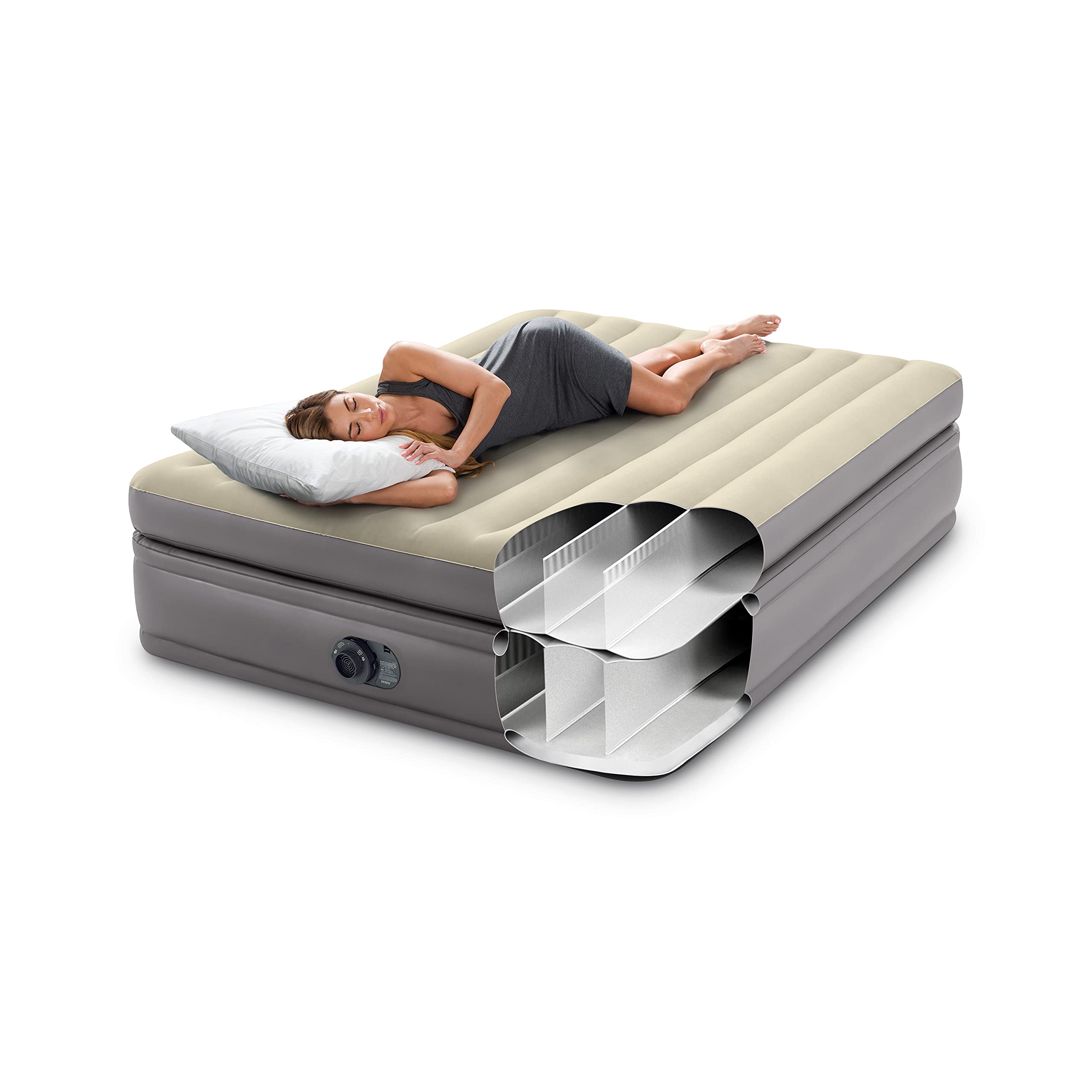 Intex 64163ED Queen Prime Comfort Elevated Air Mattress with Built-in Electric Pump - Fiber-Tech Construction - 20 Inch Height - 600lb Capacity - Perfect for Camping, Guest Beds & Home Use