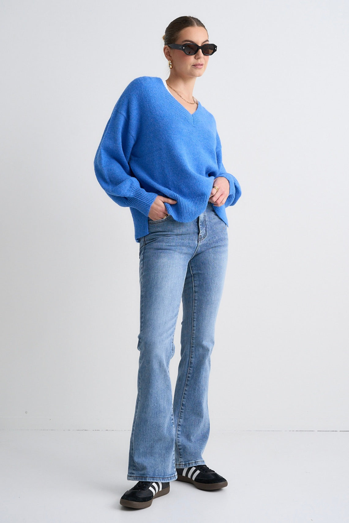 Harvest Azure Blue V-Neck Knit Jumper Sweater for Women | Soft Comfortable Pullover | Perfect for Fall, Winter & Casual Outfits