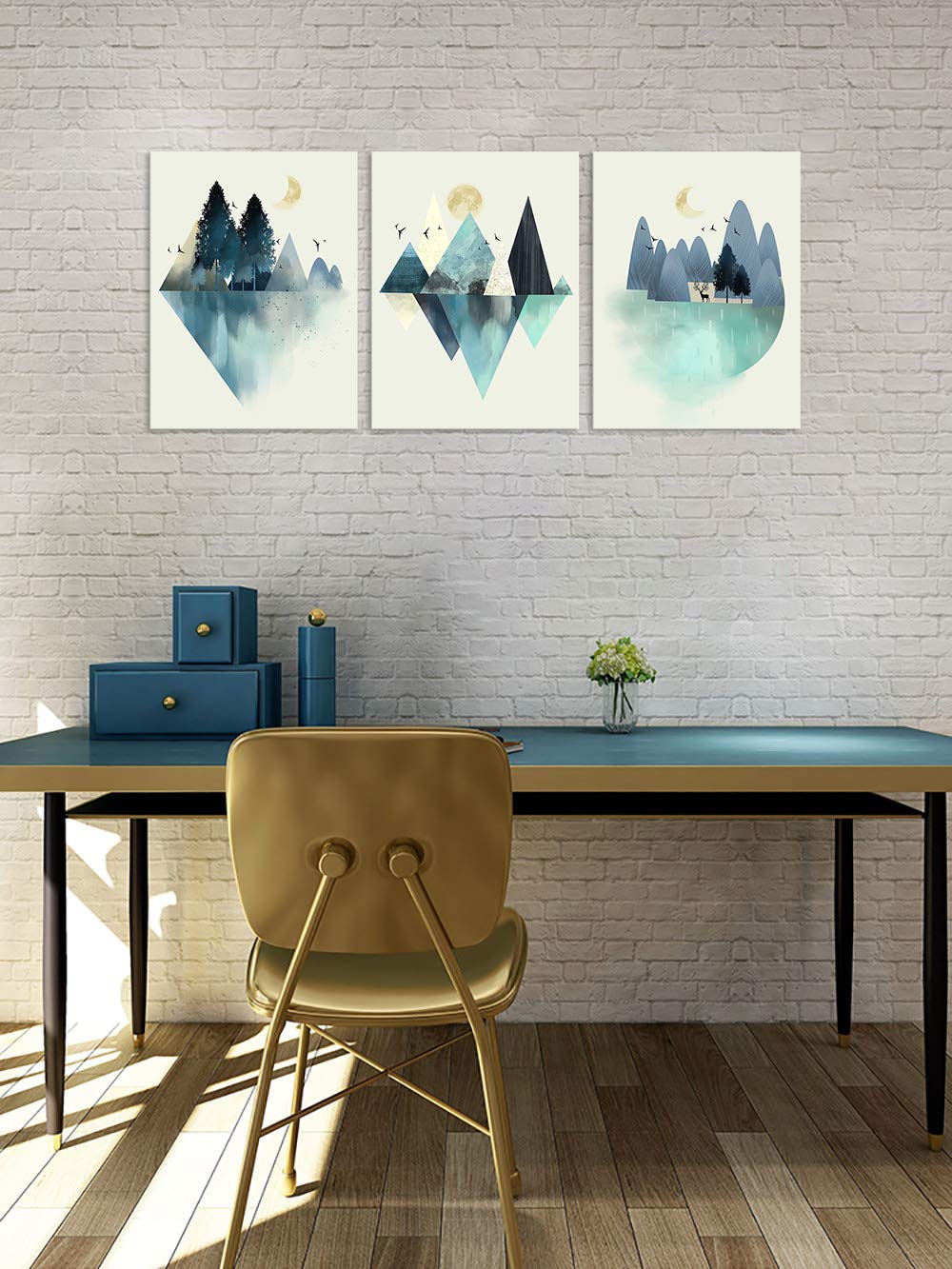3-Panel Modern Landscape Canvas Wall Art - Mountain in Daytime Print, Geometric Office Decor, Framed Ready to Hang for Bedroom & Living Room | Perfect Housewarming Gift & Wall Decoration for Home Interior Design