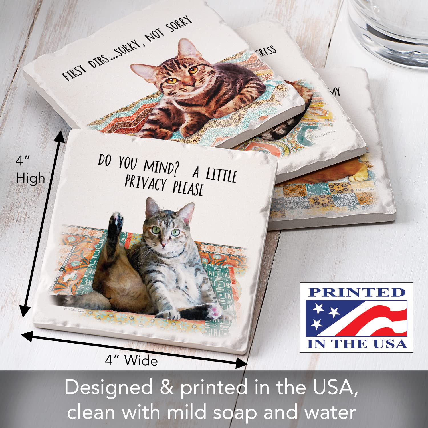 Thirstystone Cat Nappy 4-Pack Absorbent Tumbled Tile Stone Coasters - Made in USA, Easy to Clean - Perfect for Coffee Tables, Home Decor & Pet Lover Gifts