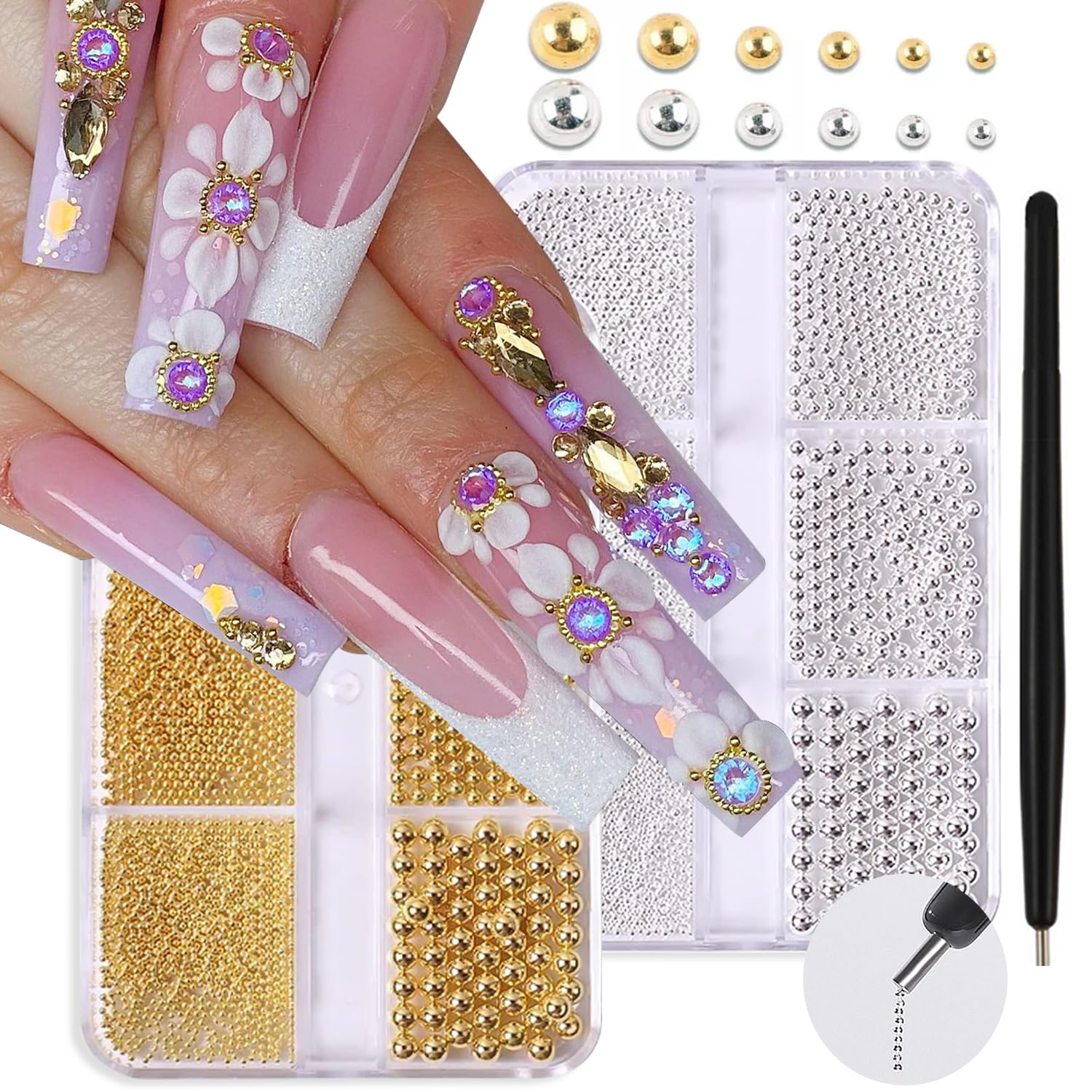 2 Boxes 3D Nail Beads Kit with Magnetic Picker Tool - Gold & Silver Metal Caviar Beads, Nail Charms, Gems, Studs for Professional Nail Art Design - Perfect for Salon, DIY Manicures & Nail Decoration