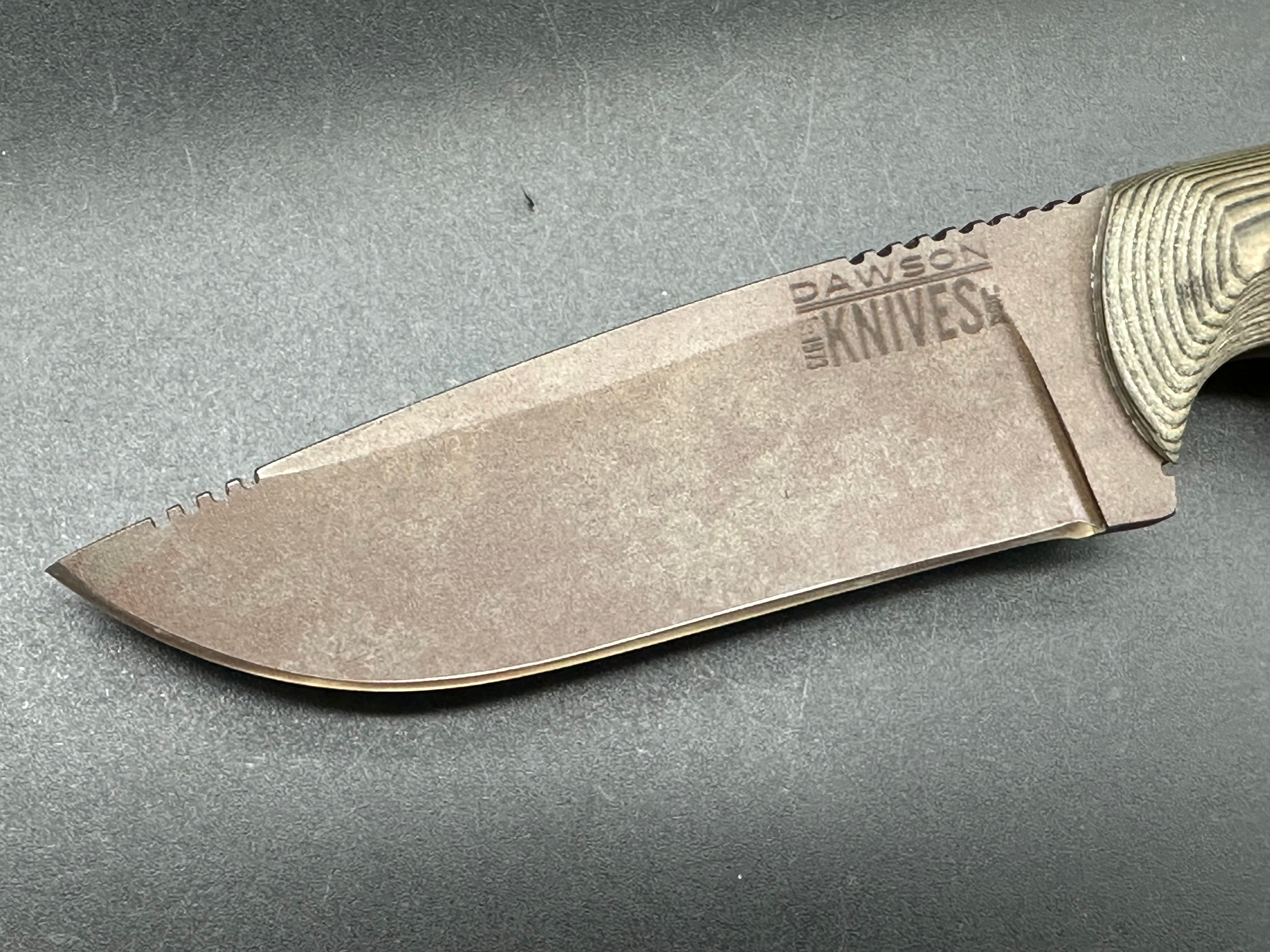Dawson Deep Notch Magnacut Knife with Ultra Camo Scales & Scorched Earth Blade - Custom Oak City Leather Sheath | Hunting, Camping, Survival Gear & Outdoor EDC Accessories
