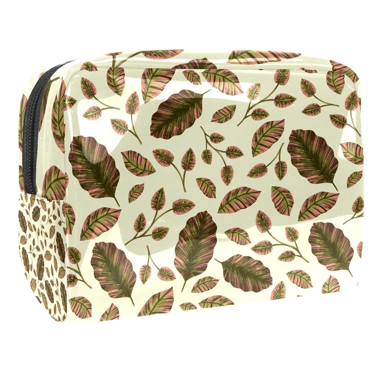 Floral Green Leaves Pattern PVC Makeup Pouch - Waterproof Toiletry Bag (7.5x13x18.5cm) for Travel, Gym & Cosmetic Storage | Cute Cosmetic Organizer for Women