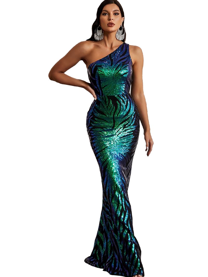 Women's One Shoulder Holographic Sequin Evening Gown - Formal Prom Maxi Dress for Party, Wedding & Special Occasions | Elegant Clubwear & Night Out Dress