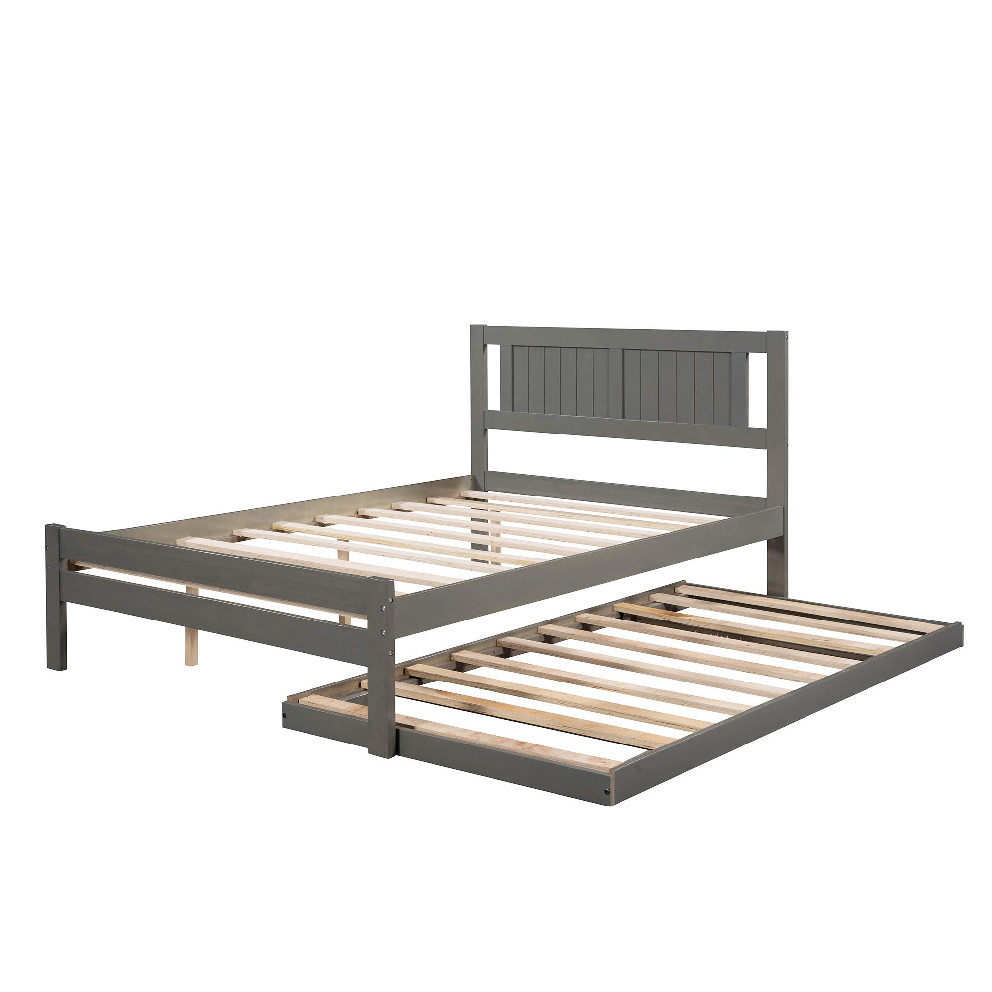 Twin Size Solid Wood Platform Bed Frame with Adjustable Pull-Out Trundle and Headboard - Space Saving Kids Bed for Small Rooms & Guest Bedrooms (Full Size, Grey)