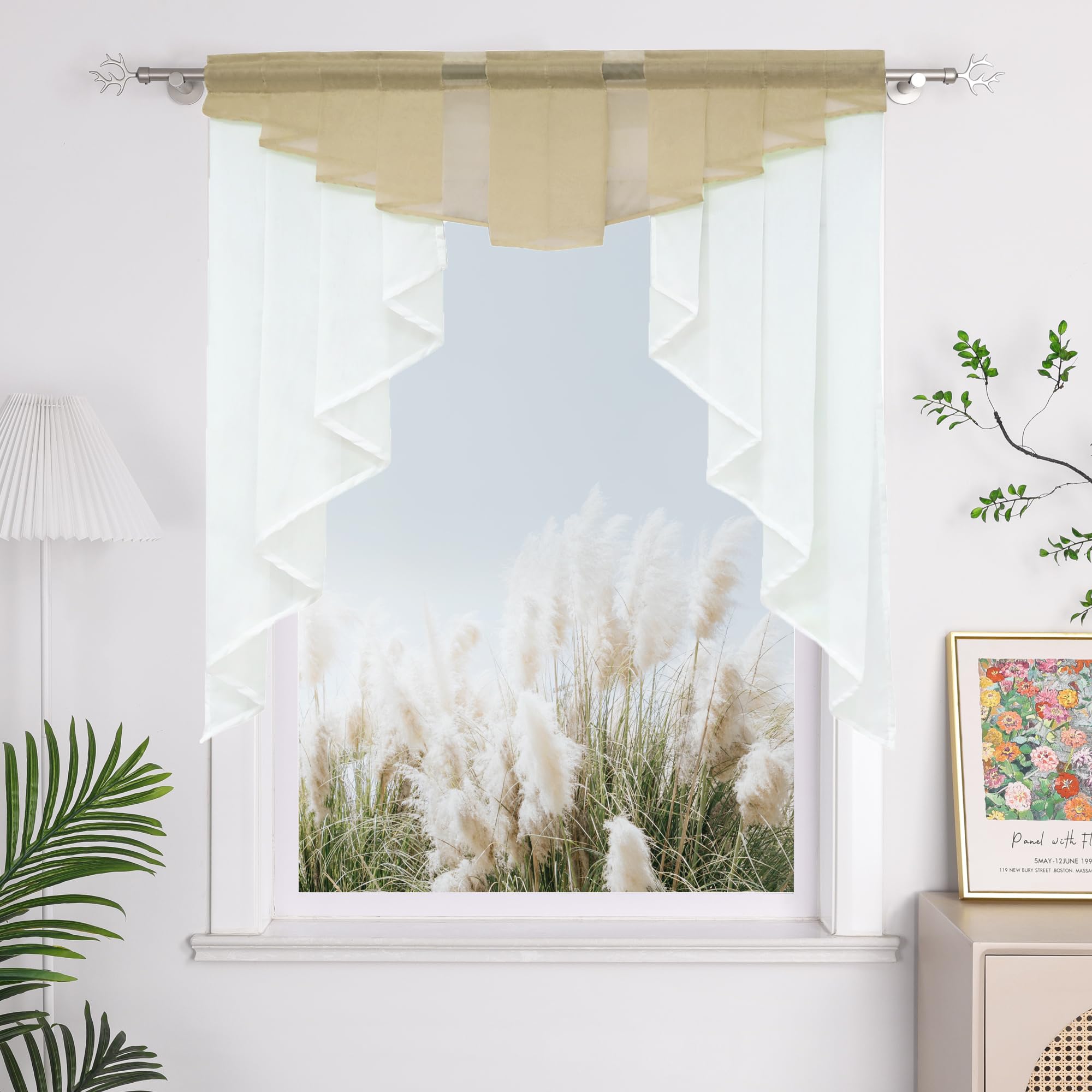 Sheer Voile Window Valance Rod Pocket Swag Curtain - Pleated Roman Shades for Kitchen, Living Room & Bedroom - 1pc (Sand, 31x31 Inches) - Light Filtering & Decorative Home Dressing