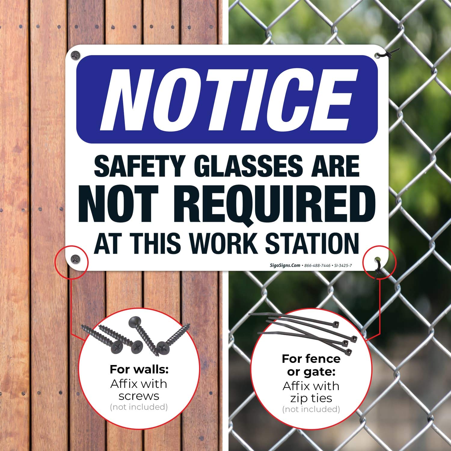 OSHA Compliant 'Safety Glasses Not Required' Workstation Sign - 10x7 Inches, Rust-Free .040 Aluminum, Fade-Resistant for Indoor & Outdoor Use - Made in USA - Perfect for Factories, Warehouses & Construction Sites
