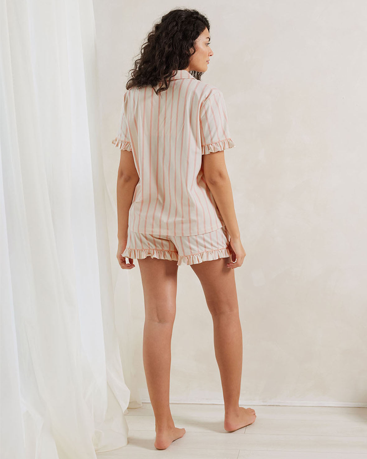 Organic Cotton Pink Striped Frill Short Pajama Set for Women - Soft & Comfortable Sleepwear for Summer Nights & Lounge Wear