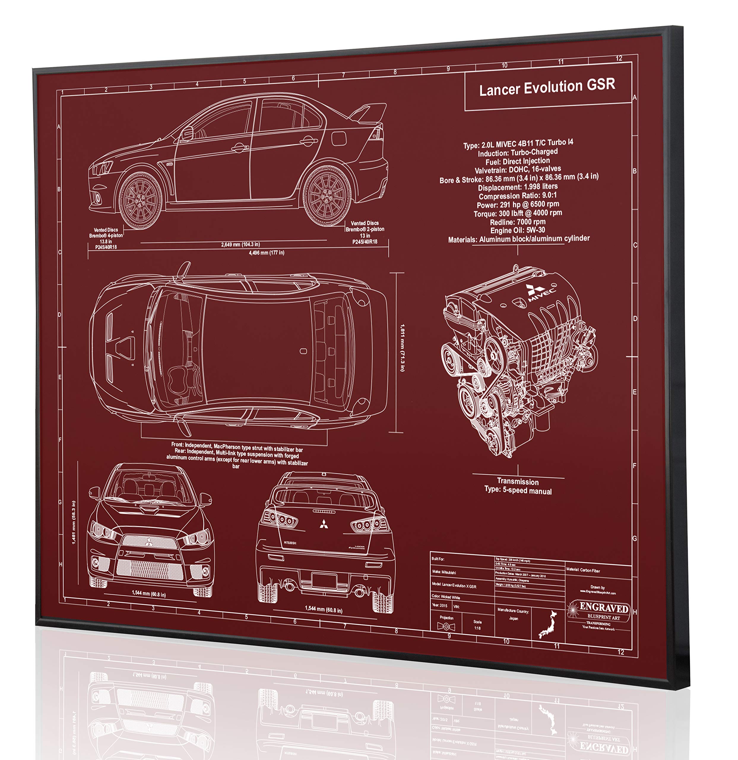 Mitsubishi Lancer Evolution X Blueprint Artwork - Laser Engraved Custom Car Decor - Perfect Gift for Mitsubishi Enthusiasts - Home Office Wall Art & Man Cave Decor