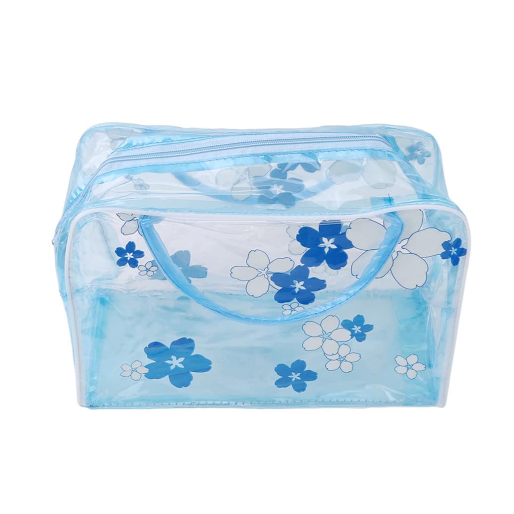 Waterproof Transparent Cosmetic Bag for Travel - SALONED Flower Design Toiletry Pouch (Blue) | Ideal for Makeup, Skincare & Shower Essentials on the Go