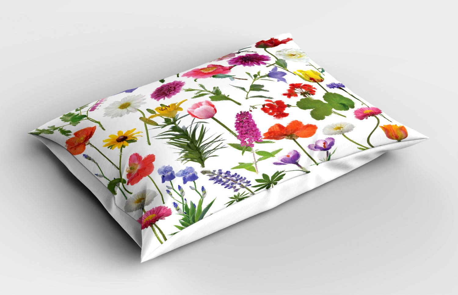 Ambesonne Floral Pillow Sham - Vibrant Roses, Tulips, Daisies, Hydrangeas & Lilacs Printed Decorative Standard Size Pillowcase (26