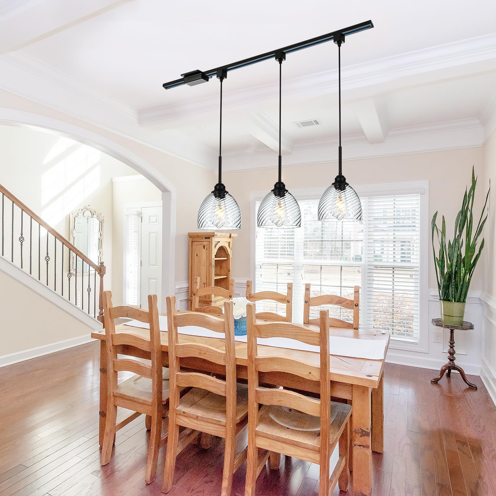 3-Pack Black Modern H Track Pendant Lights with Clear Ribbed Glass Shades - Adjustable Track Lighting Fixtures for Bedroom, Kitchen, Dining Room & Retail Shop | Dimmable LED Compatible