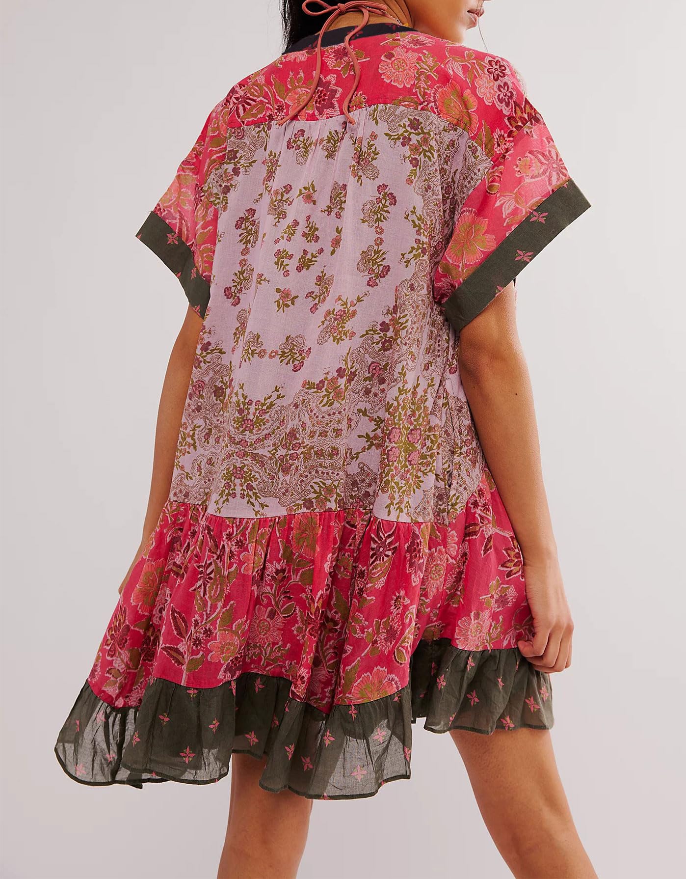 LifeShe Floral Boho Dresses for Women - Short Sleeve Babydoll Dress with Ruffle Hem, Mini Swing Summer Dress for Beach, Vacation & Casual Outings