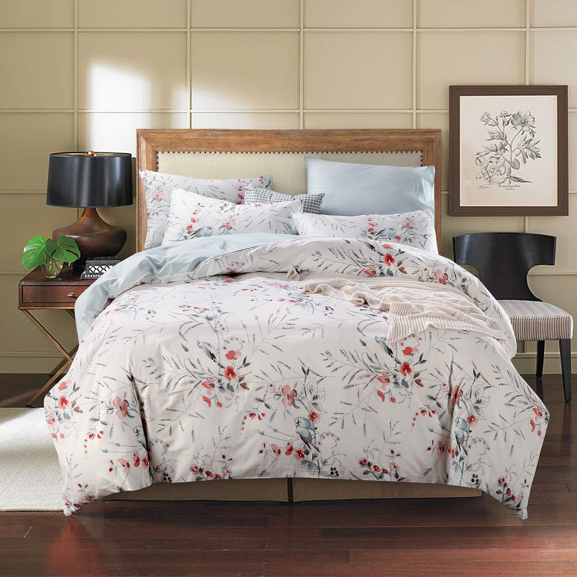 Softta Vintage Luxury 3-Piece King Size Duvet Cover Set | 100% Egyptian Cotton Boho Floral Bedding | Ivory White & Baby Blue Leaf & Bird Pattern | Perfect for Master Bedroom, Guest Room & Bohemian Home Decor