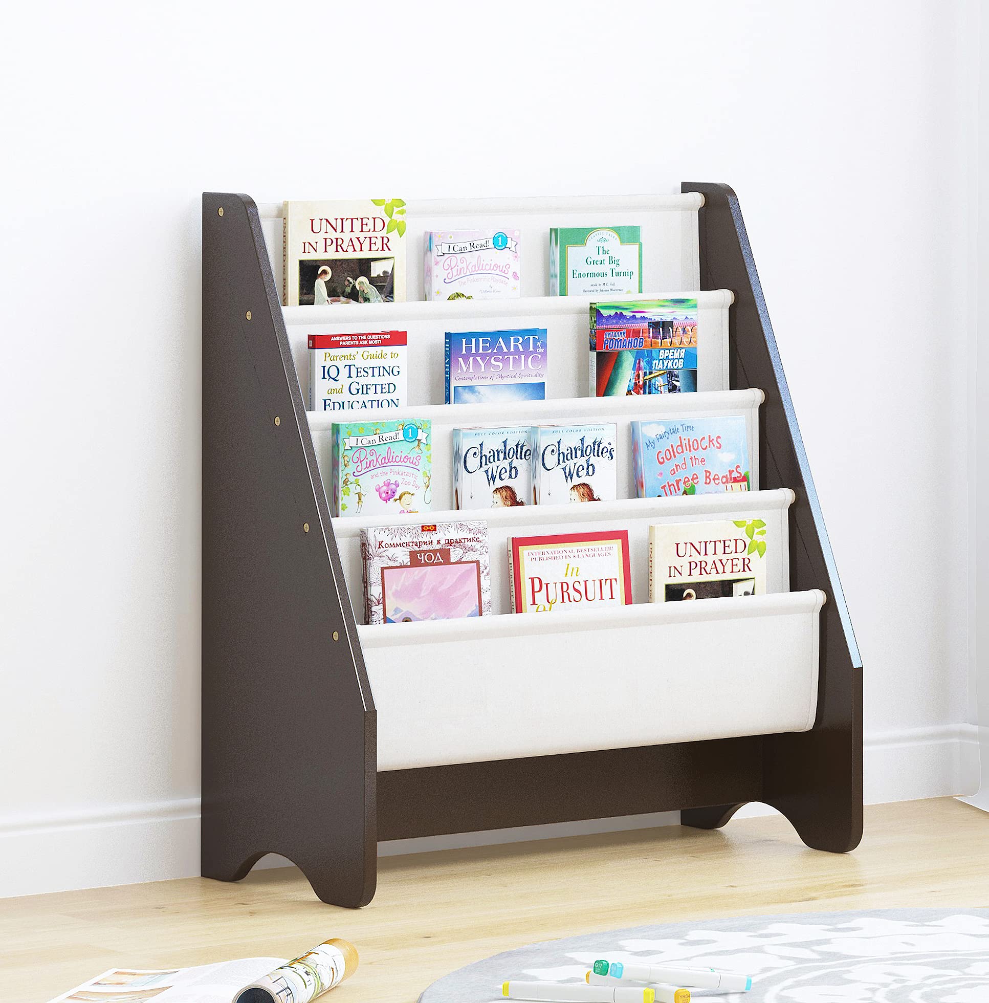 UTEX Kids Sling Bookshelf - Wooden Book Organizer & Magazine Rack for Children's Room, Nursery, Playroom - Espresso Finish for Easy Book Storage and Display