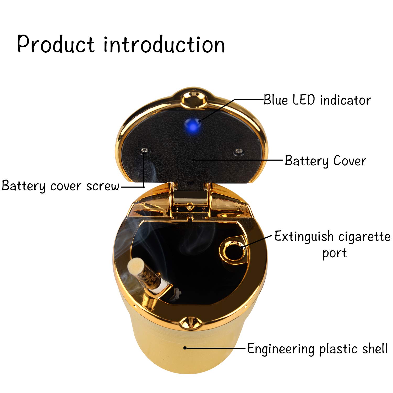 Portable Car Ashtray with Lid & Blue LED Light - Leakproof Cup Holder Ashtray for Cars (Gold) | Ideal for Road Trips, Commuting & Smokers On-The-Go